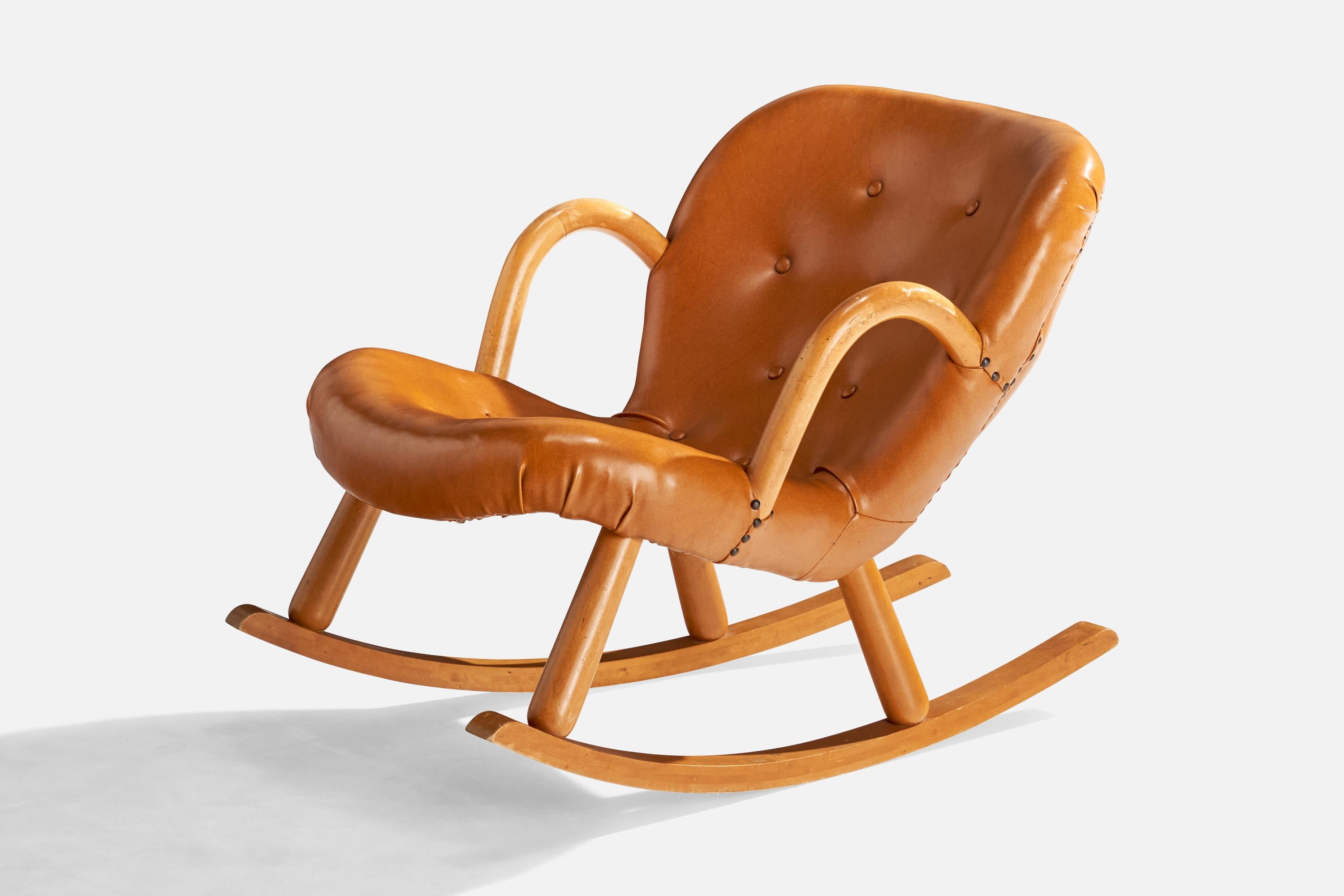 Swedish Arnold Madsen, Rocking Chair, Beech, Leatherette, Sweden, 1950s For Sale