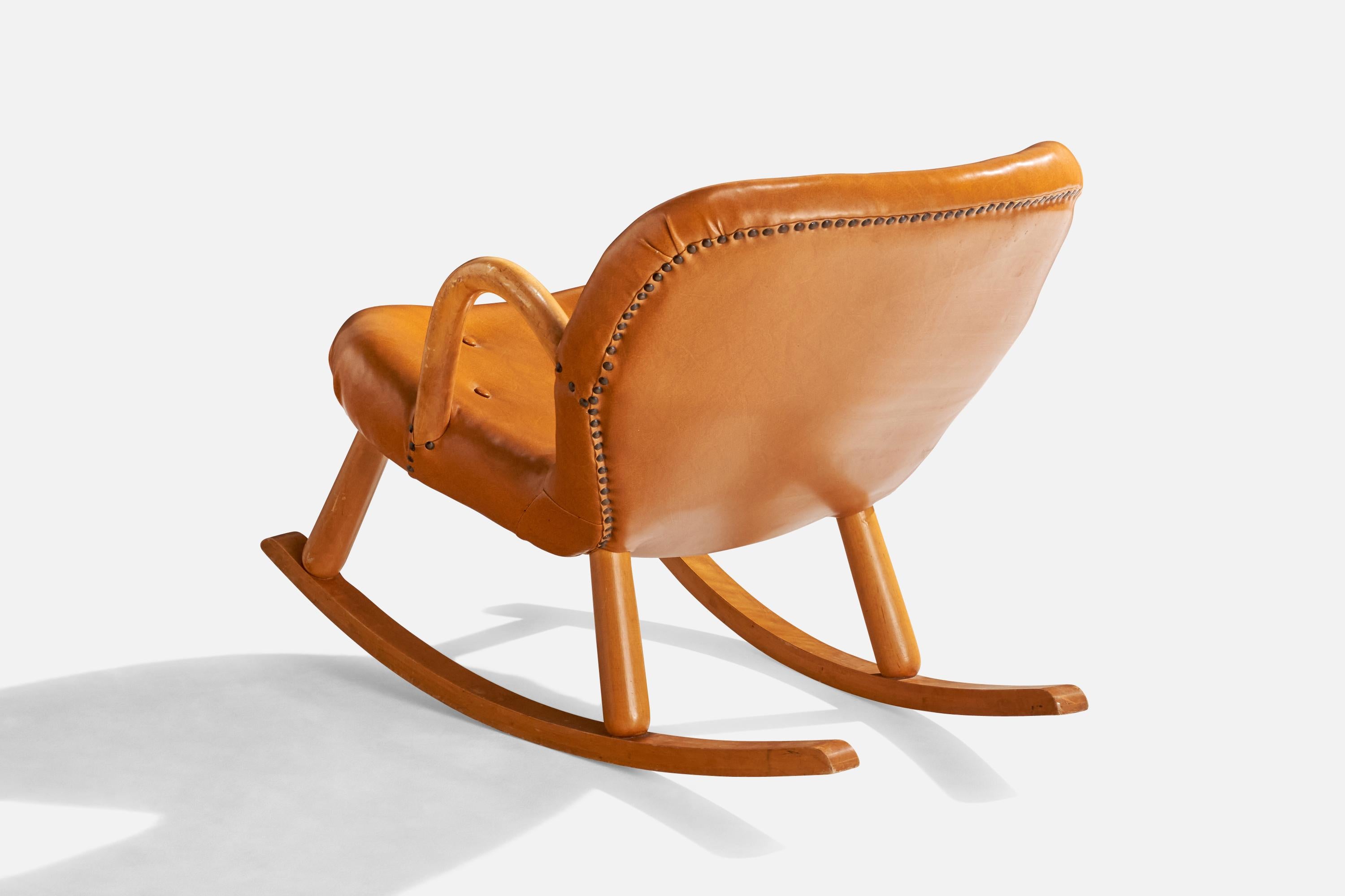 Mid-20th Century Arnold Madsen, Rocking Chair, Beech, Leatherette, Sweden, 1950s For Sale