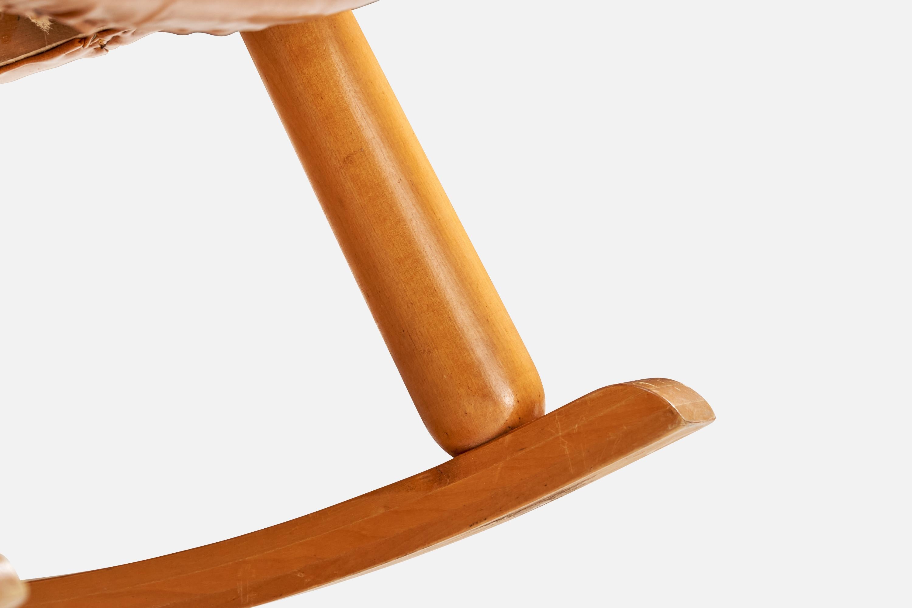 Faux Leather Arnold Madsen, Rocking Chair, Beech, Leatherette, Sweden, 1950s For Sale