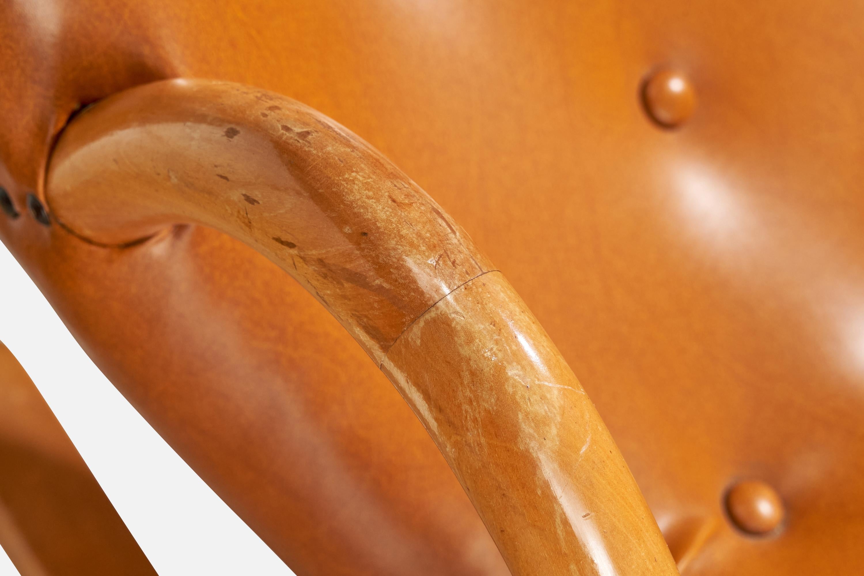 Arnold Madsen, Rocking Chair, Beech, Leatherette, Sweden, 1950s For Sale 1