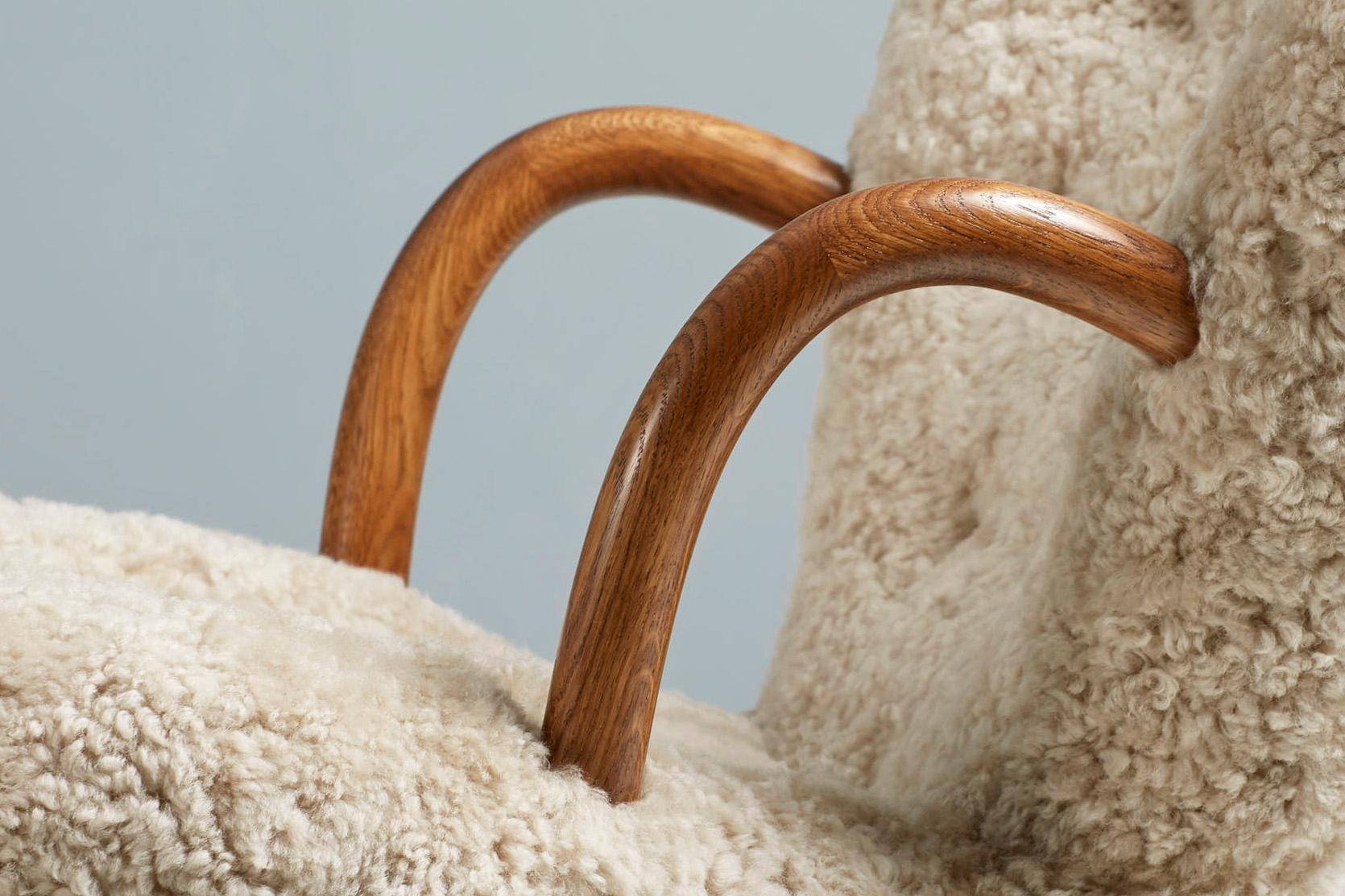 Beech Re-Edition Sheepskin Clam Chairs by Arnold Madsen For Sale