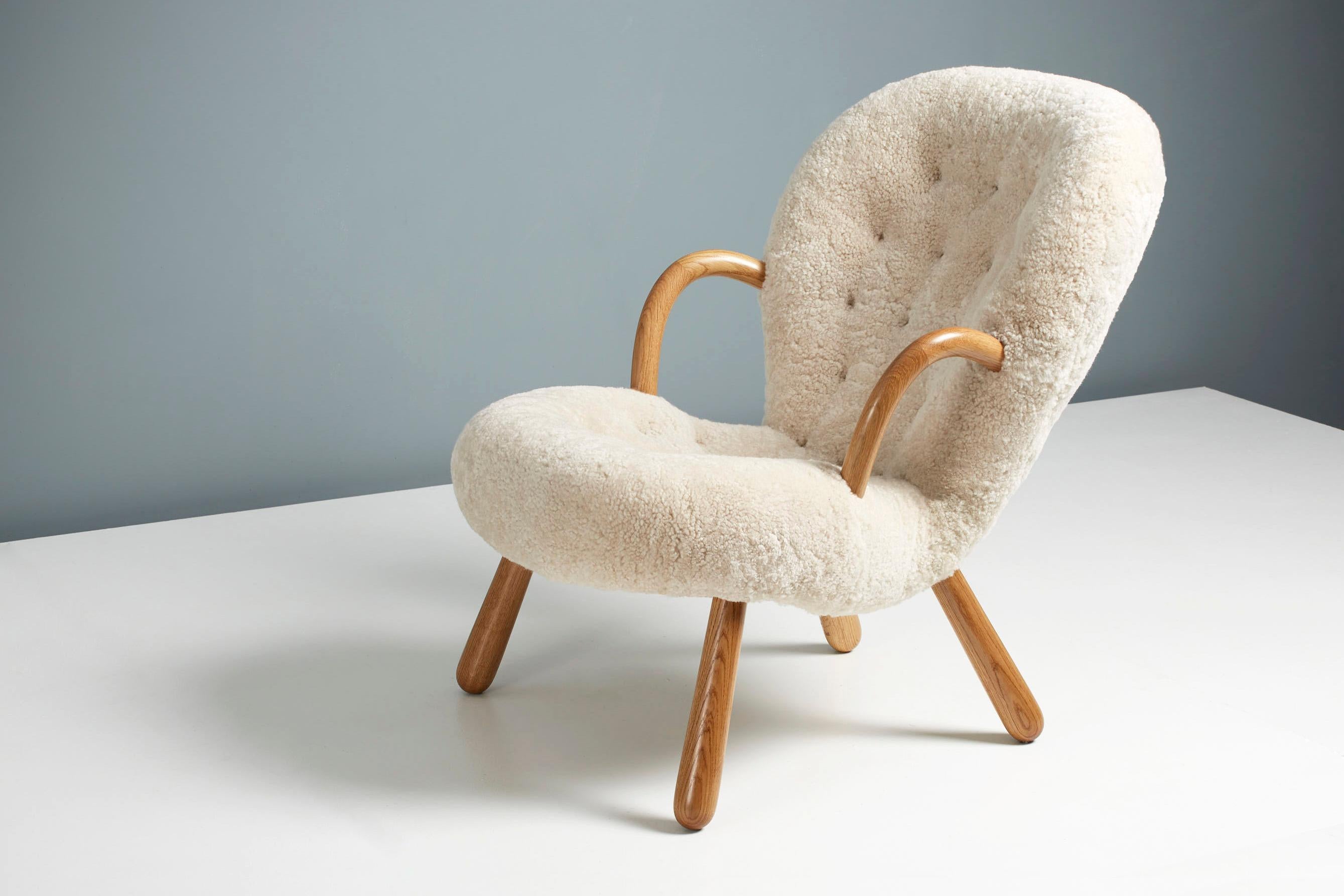 British Re-Edition Sheepskin Clam Chair by Arnold Madsen For Sale