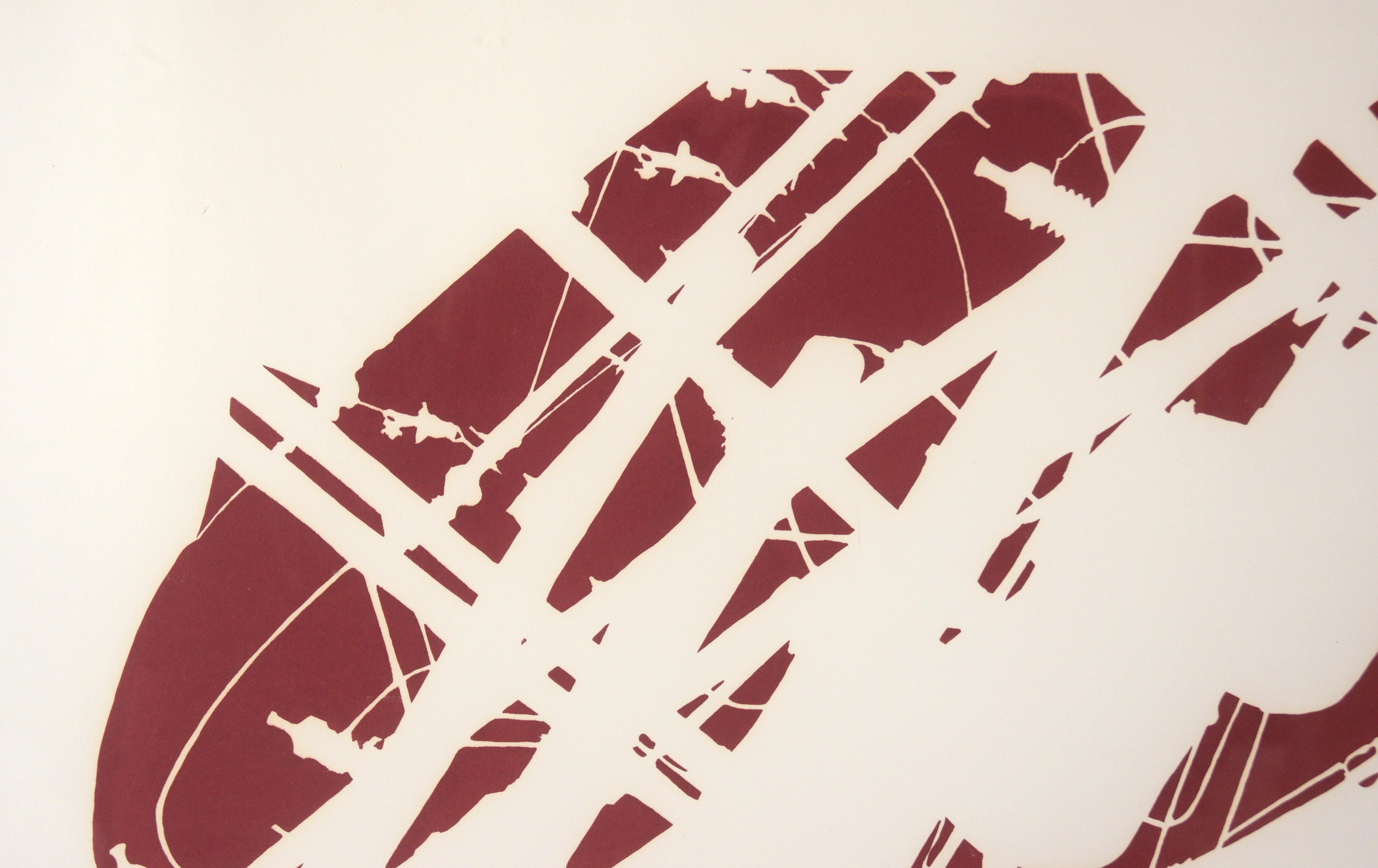 Minimalistische abstrakte Lithographie „Poles“ auf Papier

Kräftige abstrahierte Lithografie von Arnold Mesches (Amerikaner, 1923-2016). Der negative Raum wird mit Dunkelrot ausgefüllt, wodurch ein negativer Effekt entsteht. Das Motiv ist alltäglich