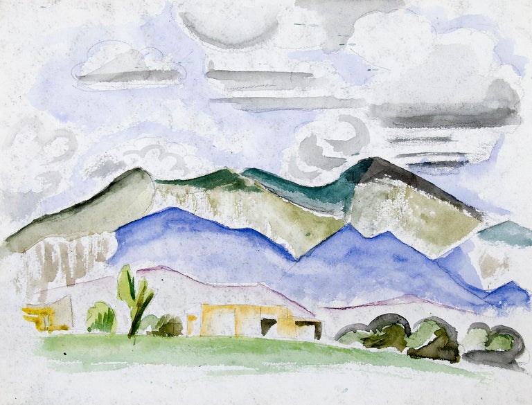 Summer Afternoon, Taos, New Mexico, 1920s Modern Watercolor Mountain Landscape - Painting by Arnold Ronnebeck