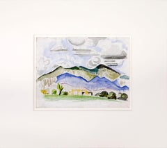 Antique Summer Afternoon, Taos, New Mexico, 1920s Modern Watercolor Mountain Landscape