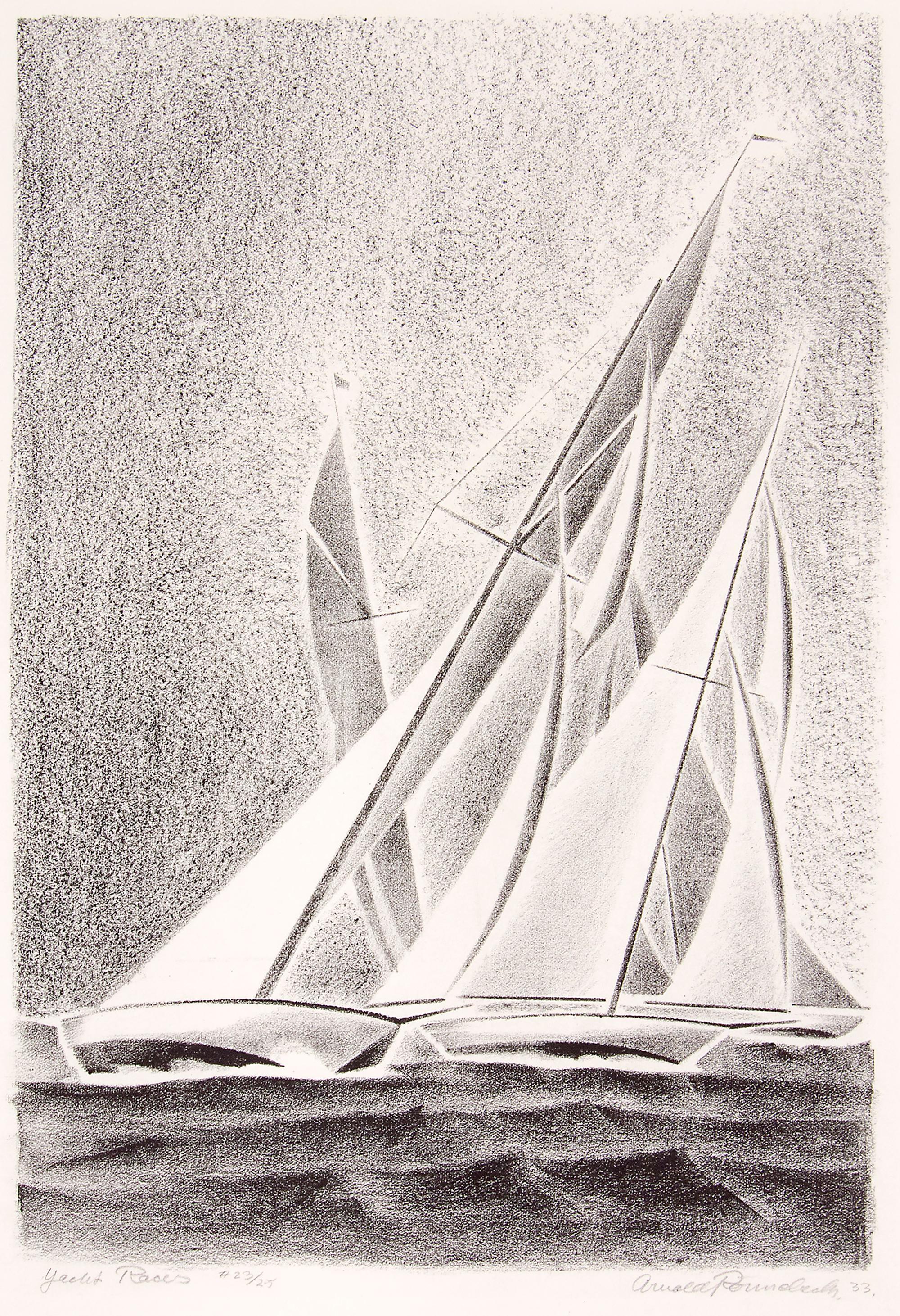 1933 Schwarz-Weiß-Lithographie von Yachtrennen am Grand Lake, Colorado, Segelboote