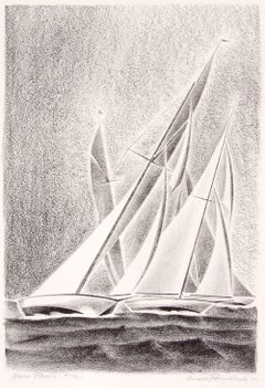 1933 Black & White Lithograph of Yacht Races on Grand Lake, Colorado, Sailboats