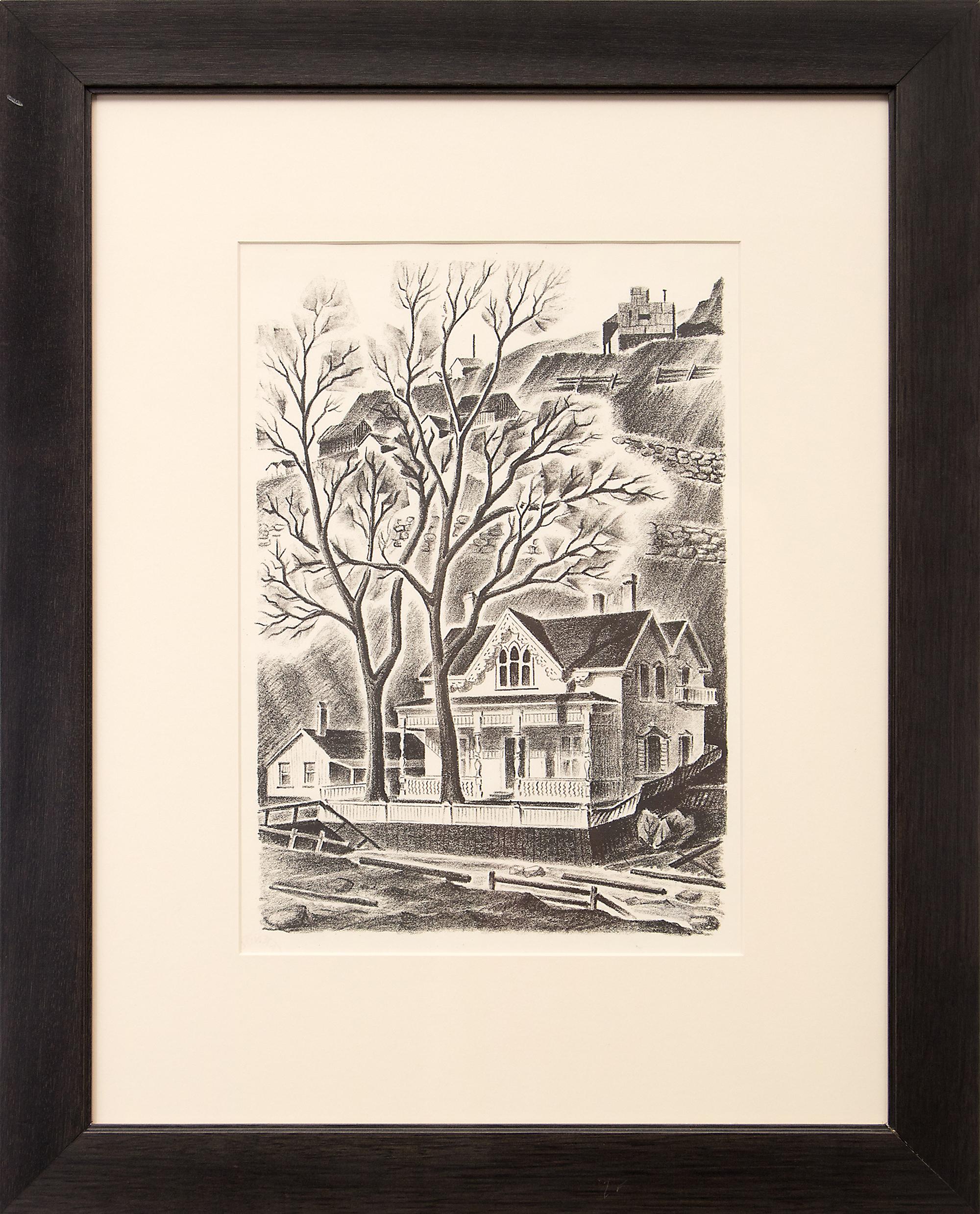 Schwarz-Weiß-Lithographie eines Hauses in Gregory Point, Colorado, Landschaft, 1930er Jahre