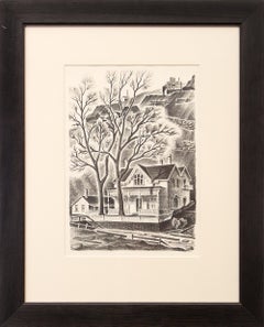 Schwarz-Weiß-Lithographie eines Hauses in Gregory Point, Colorado, Landschaft, 1930er Jahre