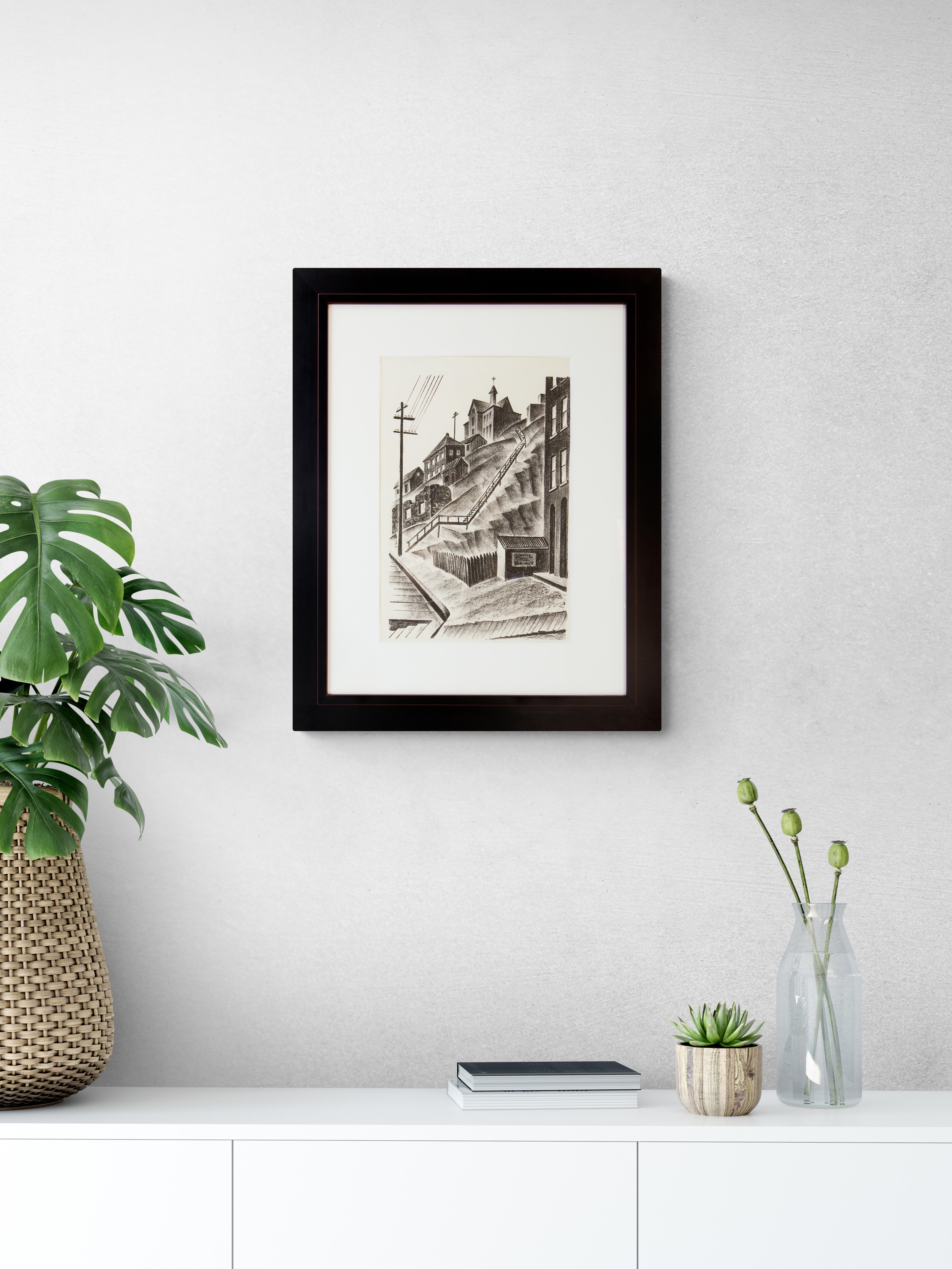 Central City, Colorado 3/25, 1930s Black White Modernist Cityscape Lithograph - American Modern Print by Arnold Ronnebeck