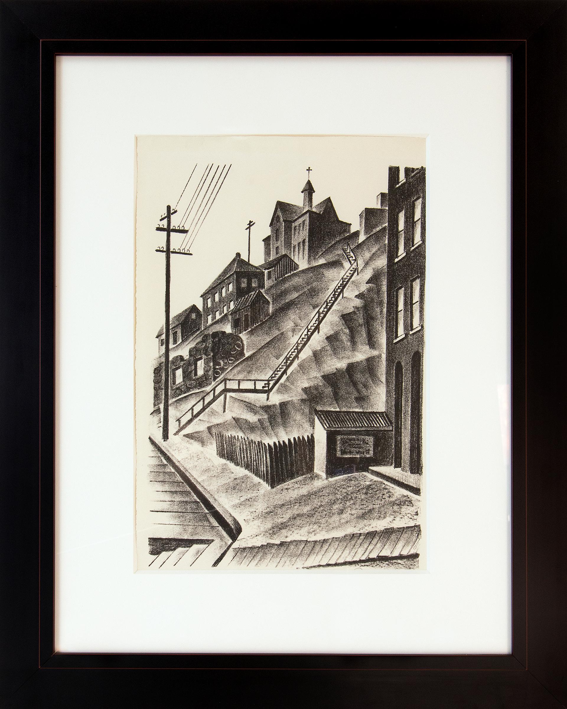 Arnold Ronnebeck Figurative Print - Central City, Colorado 3/25, 1930s Black White Modernist Cityscape Lithograph