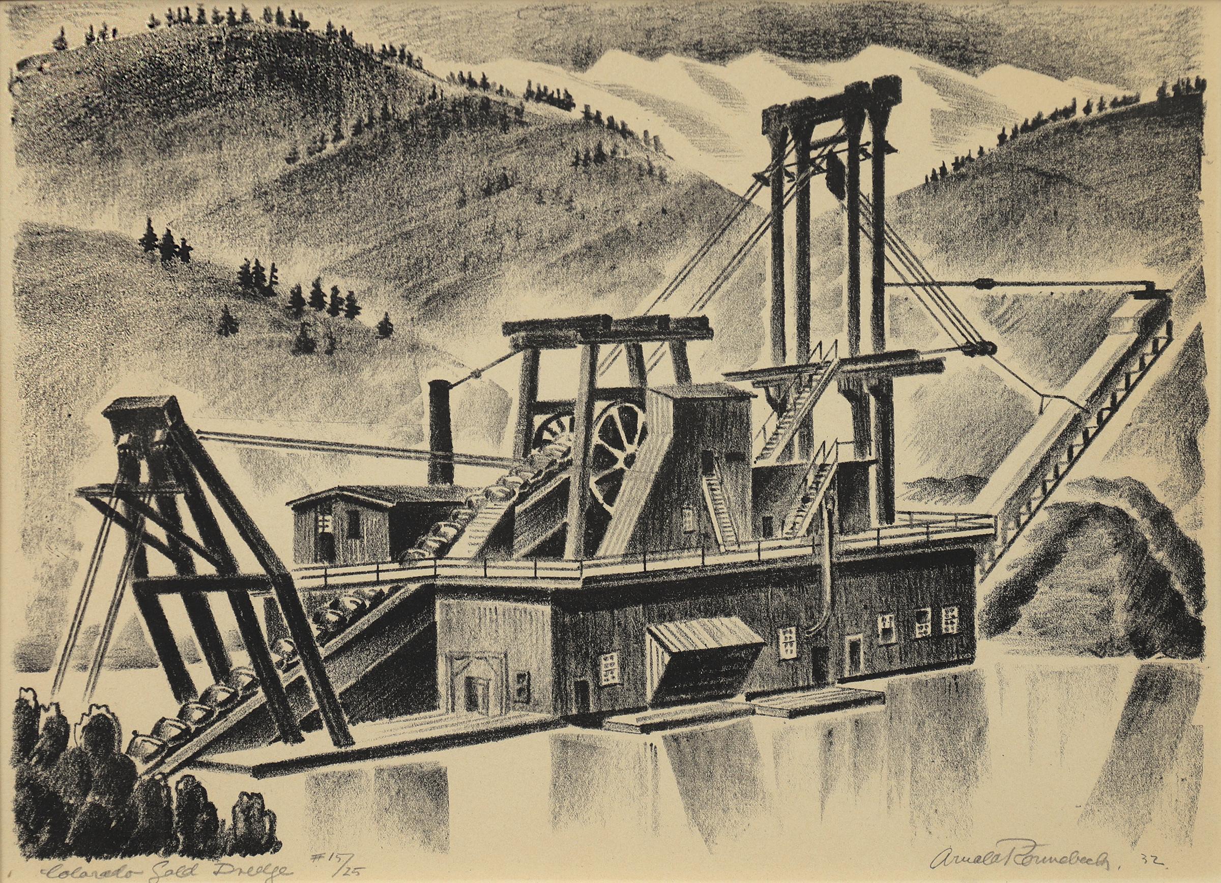 Colorado Gold Dredge, Breckenridge, Signed Black and White Mining Lithograph - Print by Arnold Ronnebeck