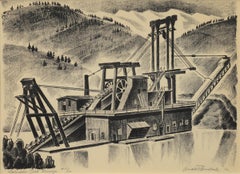 Colorado Gold Dredge, Breckenridge, litografia mineraria firmata in bianco e nero