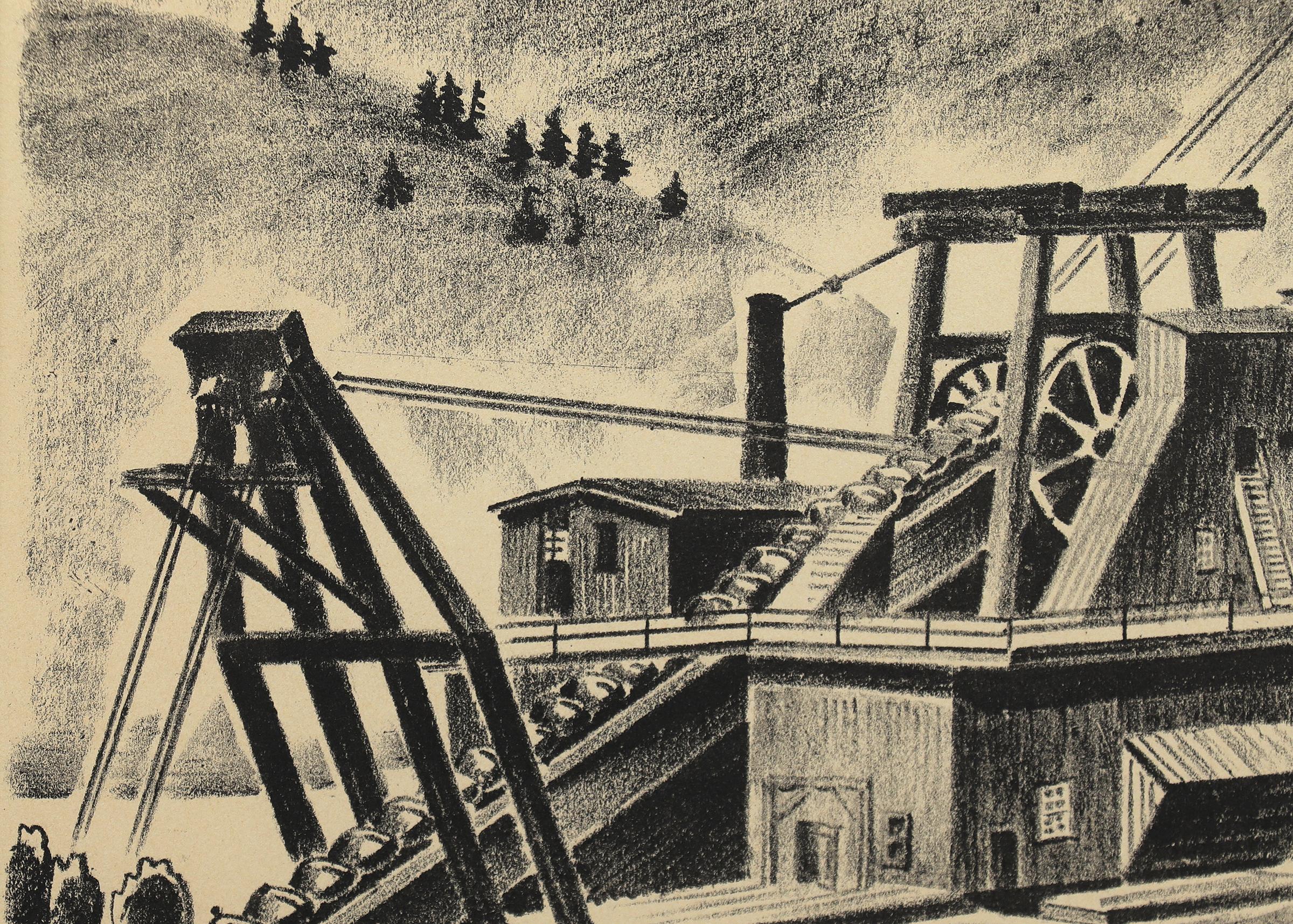 Colorado Gold Dredge, Breckenridge, Signed Black and White Mining Lithograph - American Modern Print by Arnold Ronnebeck