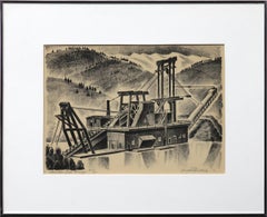 Colorado Gold Dredge, Breckenridge, Signed Black and White Mining Lithograph