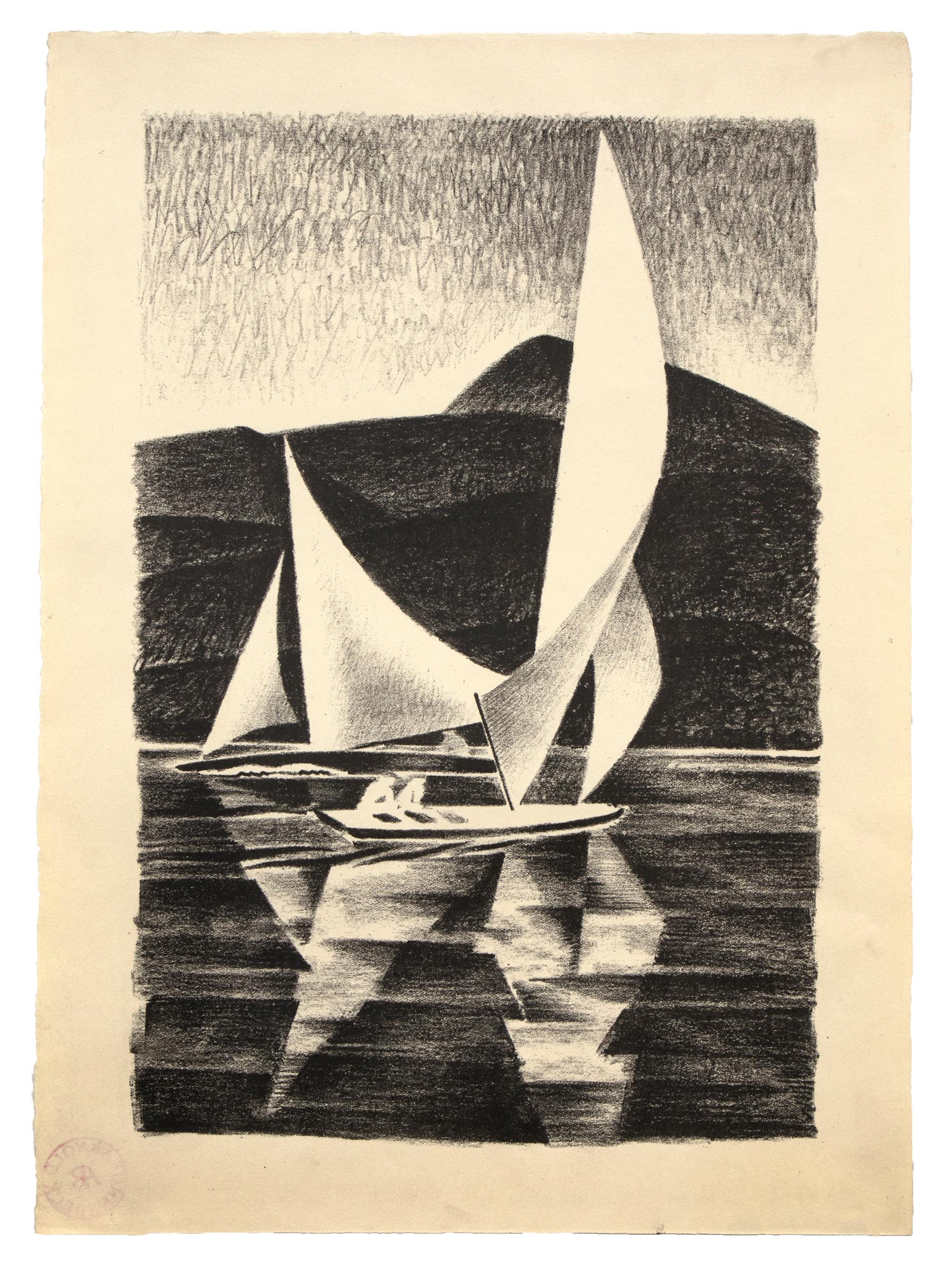 Grand Lake, Yacht Races, Colorado Mountain Lake, 1930s Black White Print - Beige Figurative Print by Arnold Ronnebeck