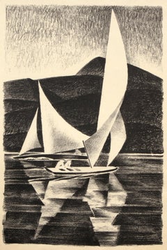 Impresión en blanco y negro de los años 30 de las carreras de yates del Gran Lago en el Lago de la Montaña del Colorado