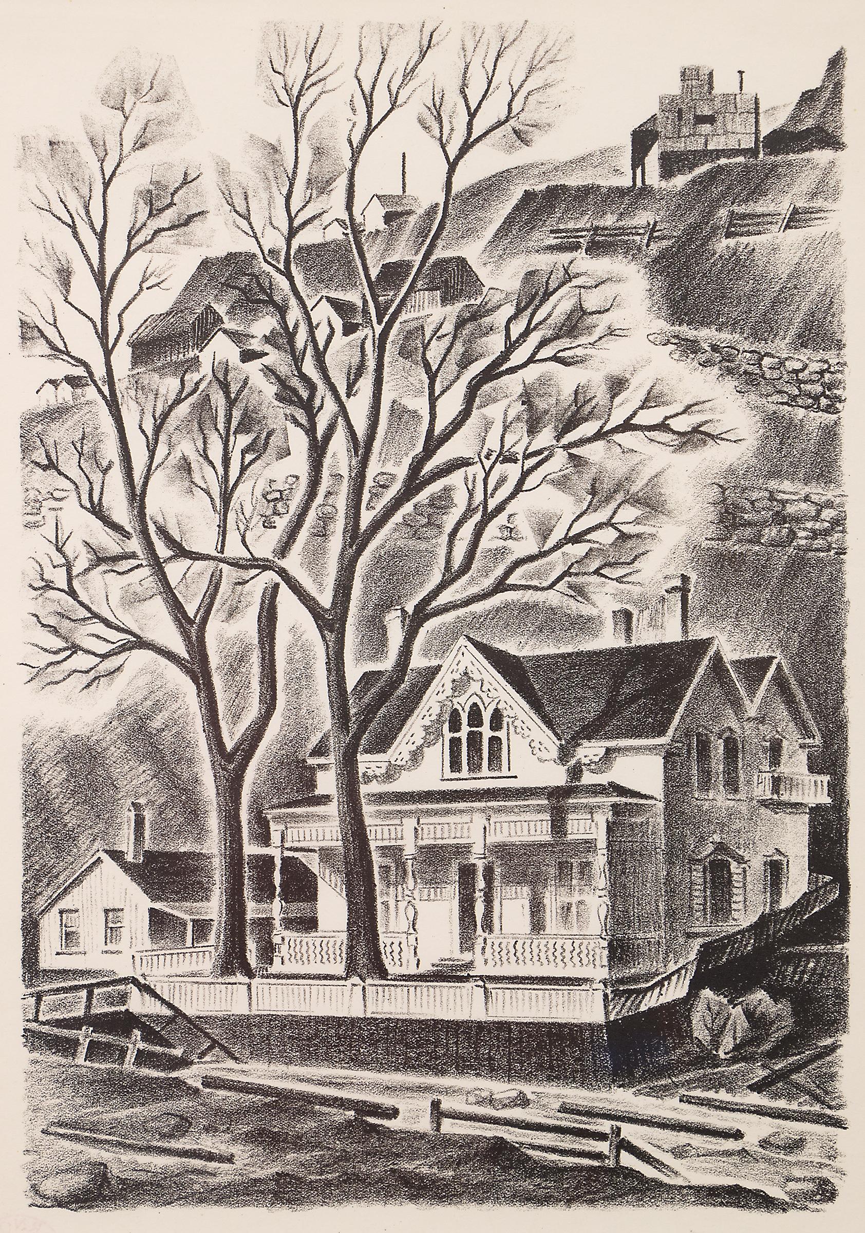 House at Gregory Point (Colorado), lithographie de paysage en noir et blanc des années 1930  - Print de Arnold Ronnebeck