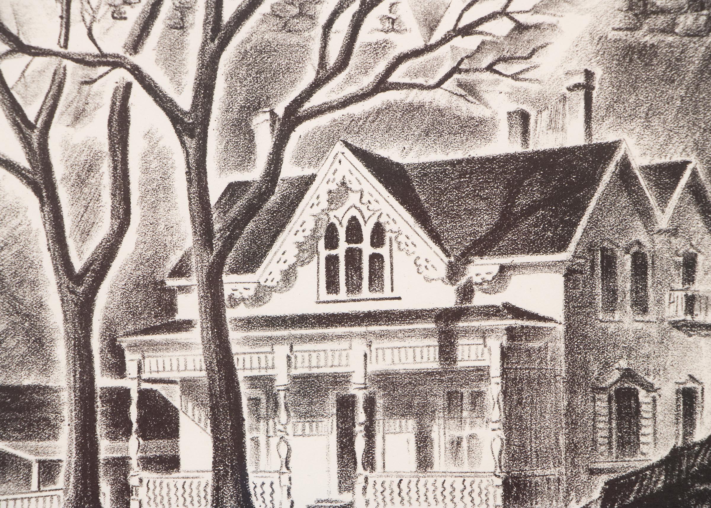 House at Gregory Point (Colorado), lithographie de paysage en noir et blanc des années 1930  - Modernisme américain Print par Arnold Ronnebeck