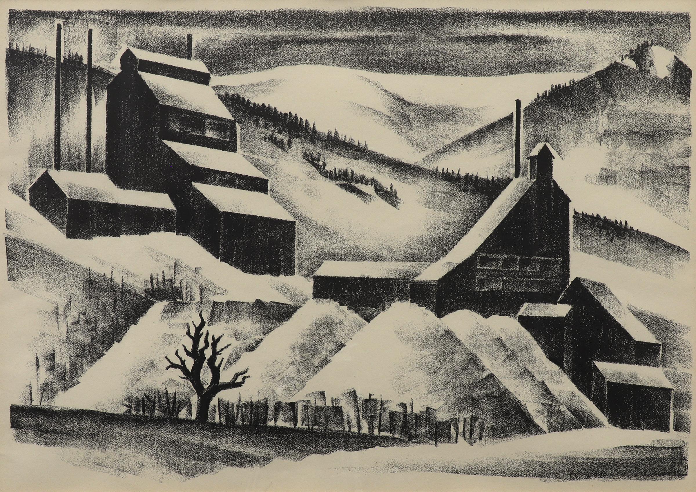 Mine in der Nähe des kontinentalen Divides, Schwarz-Weiß-Landschaft des Colorado-Gebirges, Winter – Print von Arnold Ronnebeck