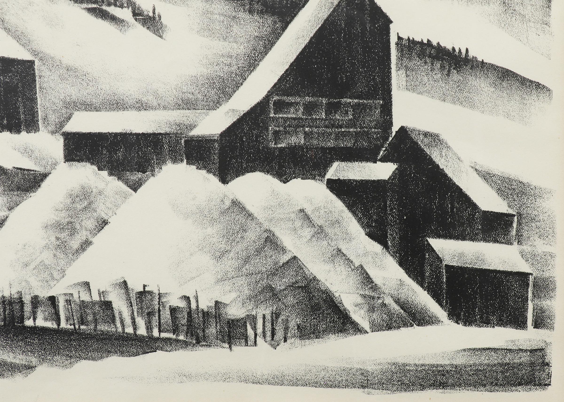 Mine in der Nähe des kontinentalen Divides, Schwarz-Weiß-Landschaft des Colorado-Gebirges, Winter (Amerikanische Moderne), Print, von Arnold Ronnebeck
