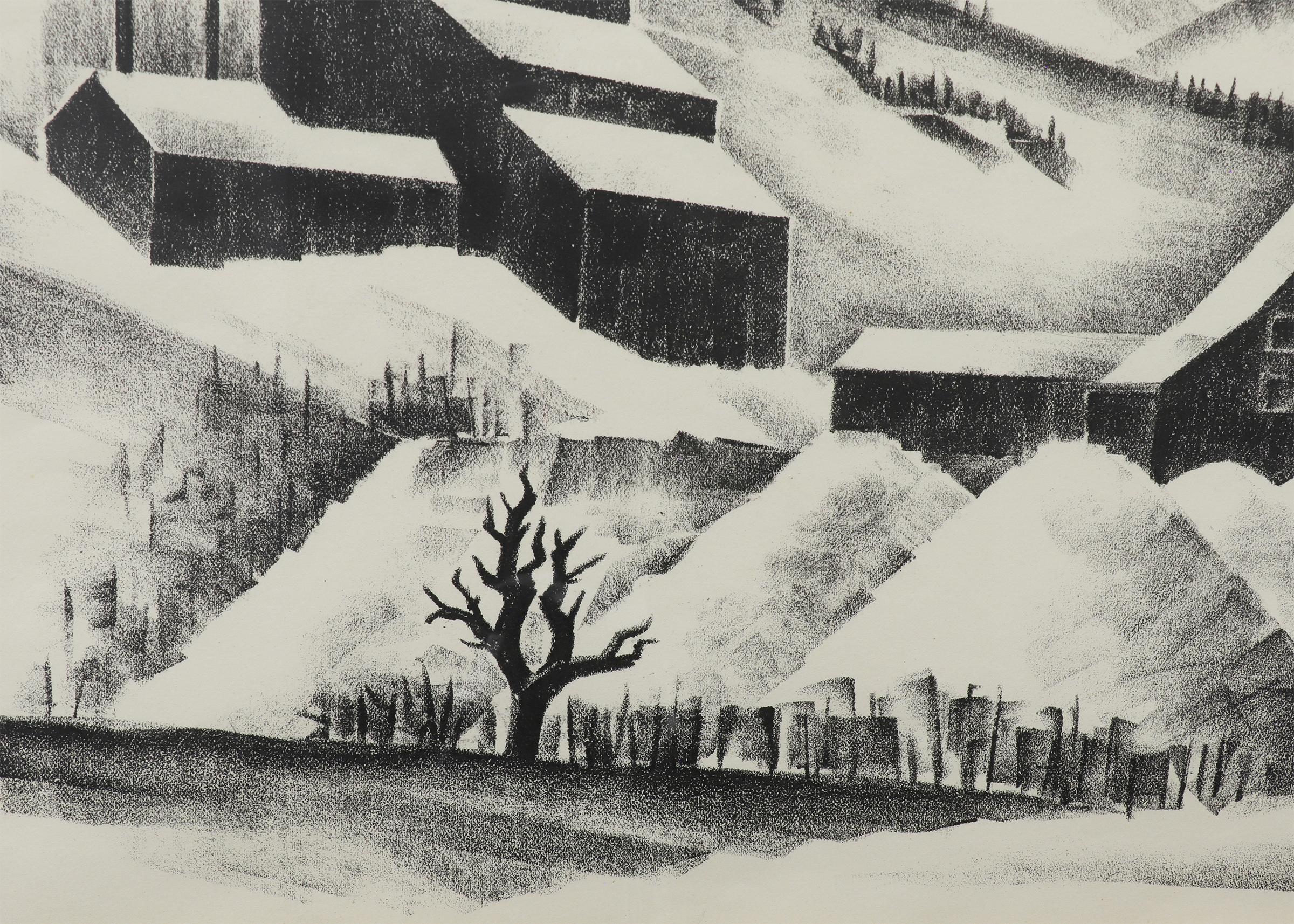 Mine in der Nähe des kontinentalen Divides, Schwarz-Weiß-Landschaft des Colorado-Gebirges, Winter (Grau), Figurative Print, von Arnold Ronnebeck