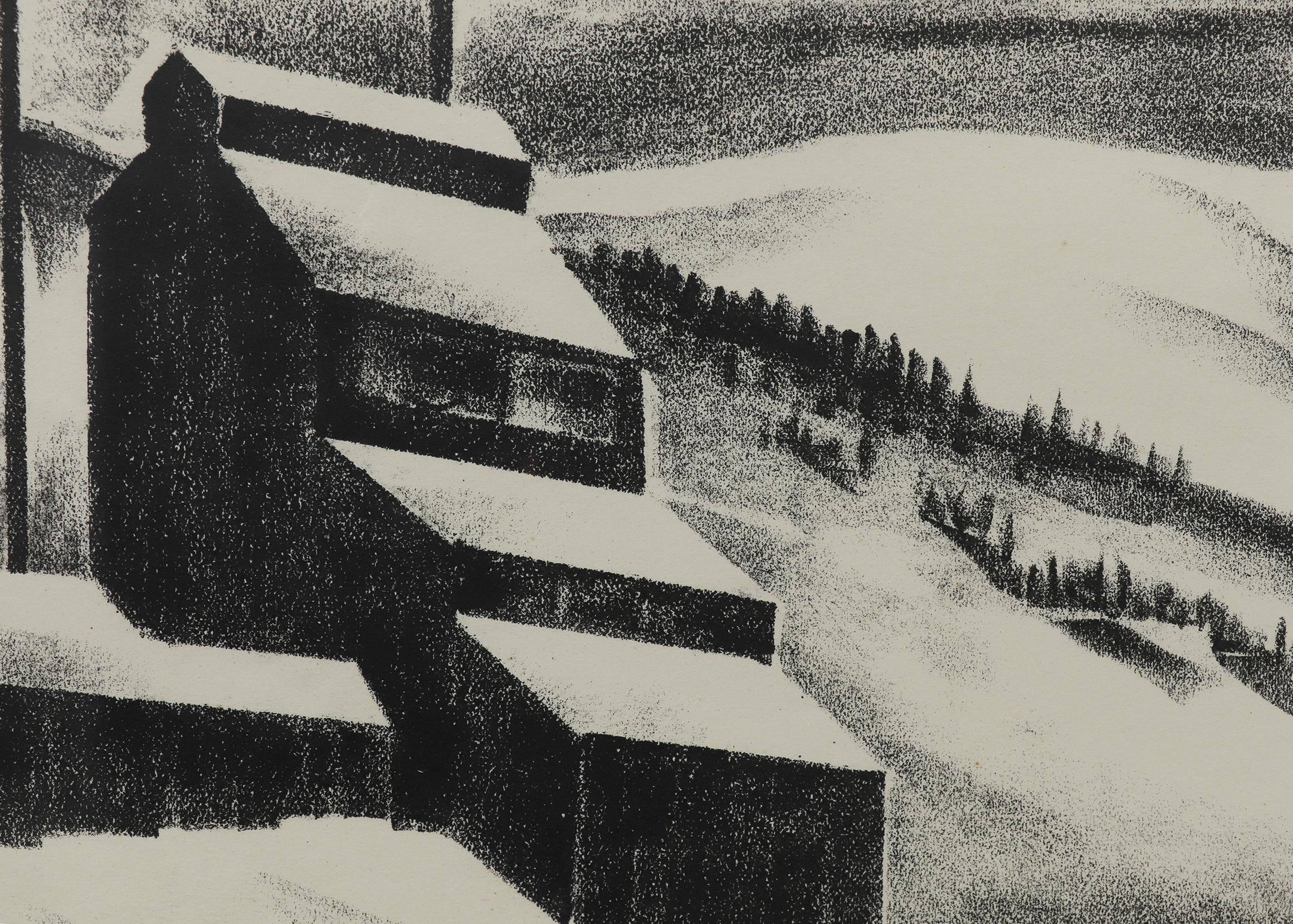 Miniera vicino al Continental Divide - Paesaggio invernale degli anni '30 sulle montagne del Colorado - Figurative Print Grigio di Arnold Ronnebeck
