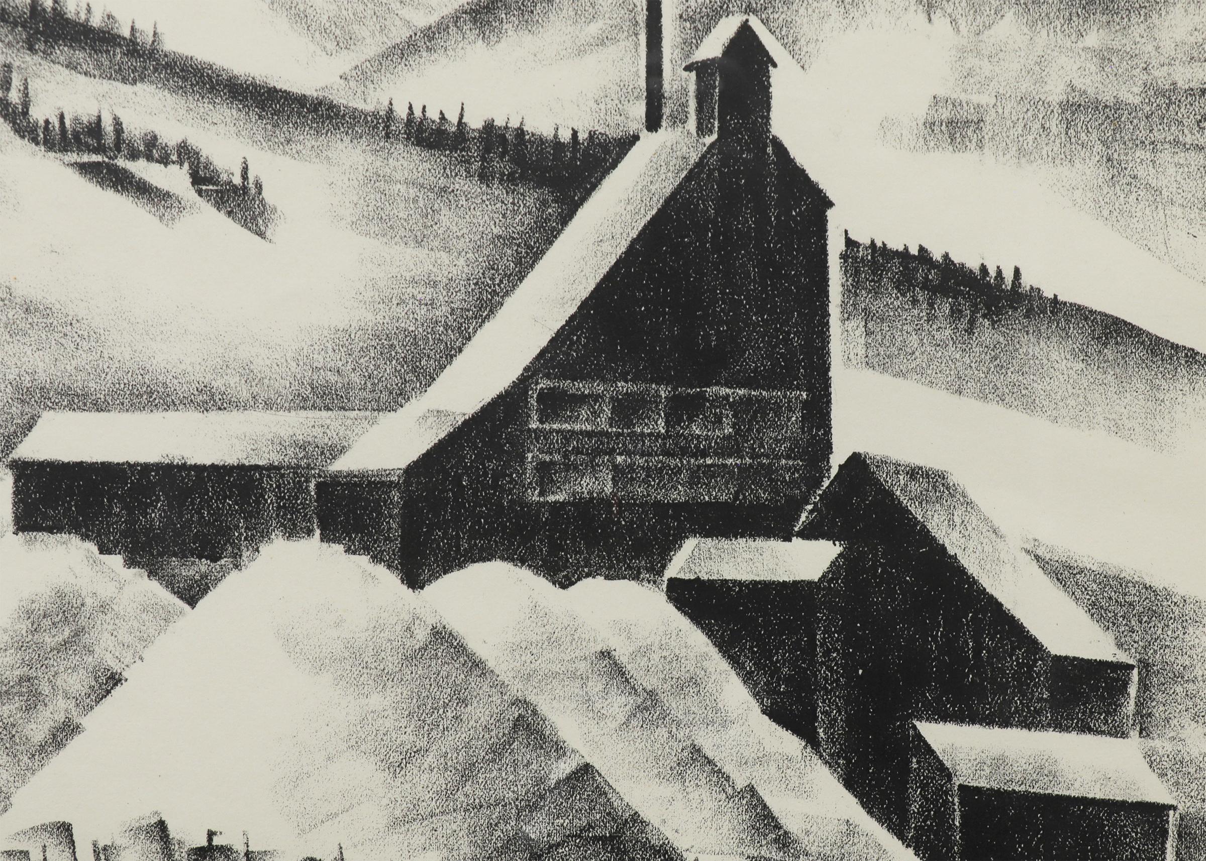 Mine Near Continental Divide, Black White Colorado Mountain Landscape Winter - Gray Figurative Print by Arnold Ronnebeck