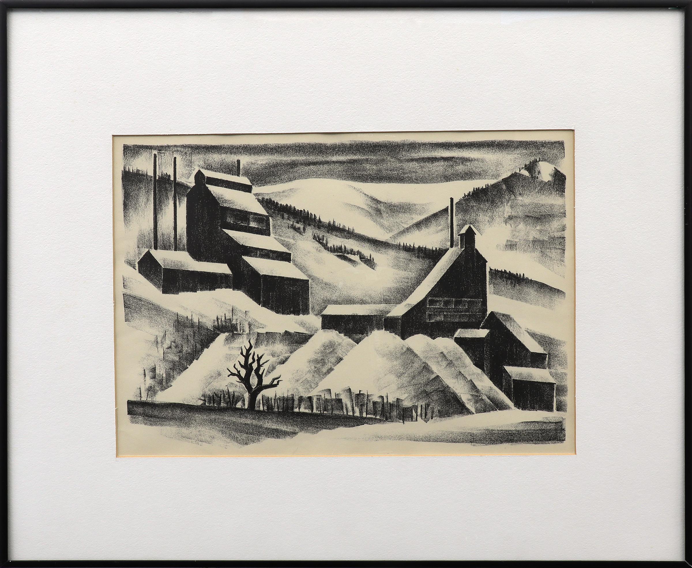 Arnold Ronnebeck Figurative Print – Mine in der Nähe des kontinentalen Divides, Schwarz-Weiß-Landschaft des Colorado-Gebirges, Winter