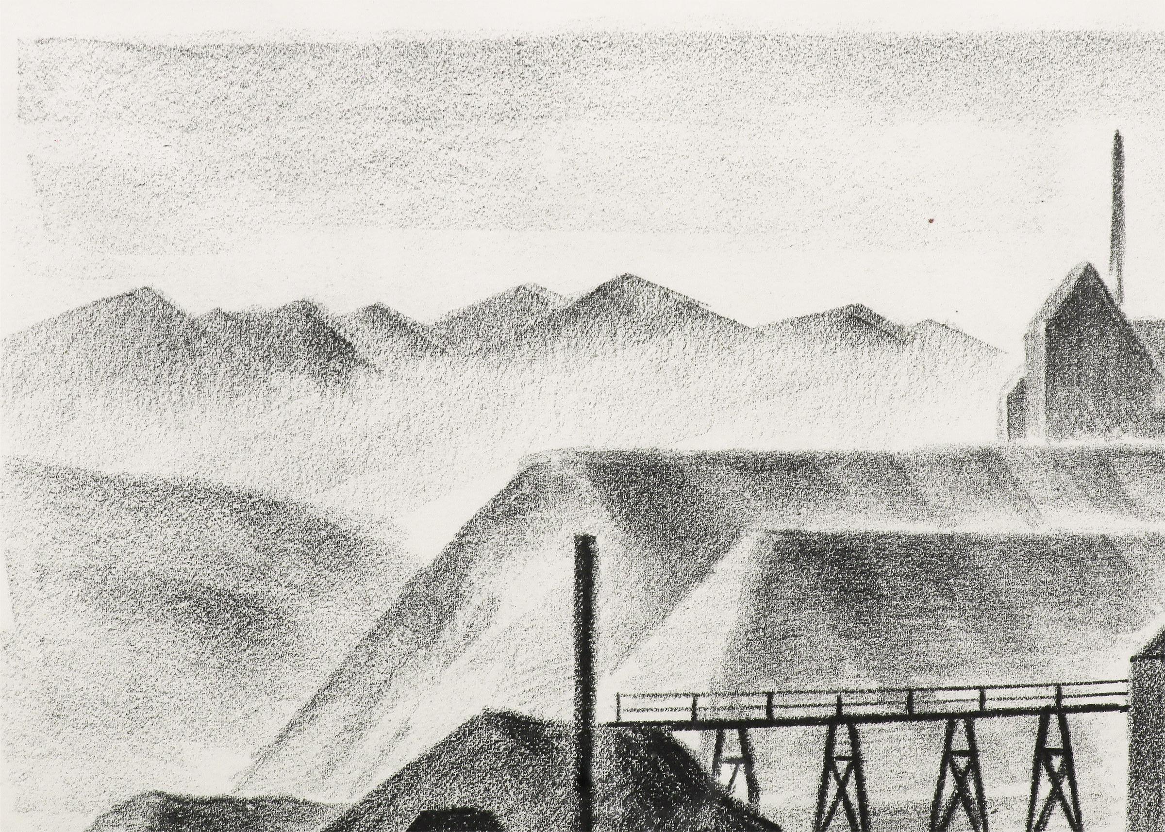 Lithograph on paper titled 'Silver Mine, Russell Gulch (12/25)' by Arnold Ronnebeck, which is a black and white lithograph print of an oil painting by him of the same name. It shows a mine with a mountain ridge in the background. Presented in a