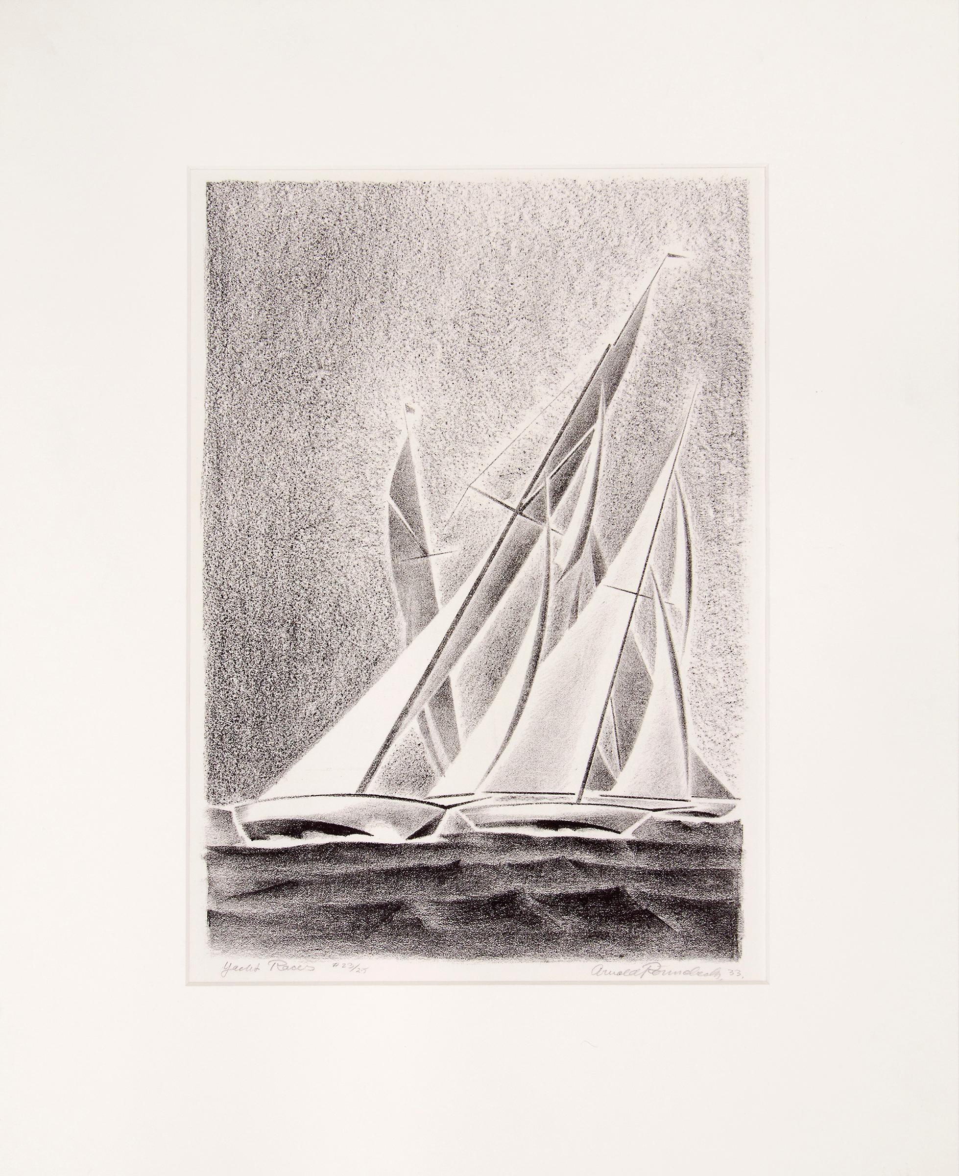 Yacht Races, Grand Lake, Colorado, 1933, Sailboats, Black & White lithograph - Print by Arnold Ronnebeck