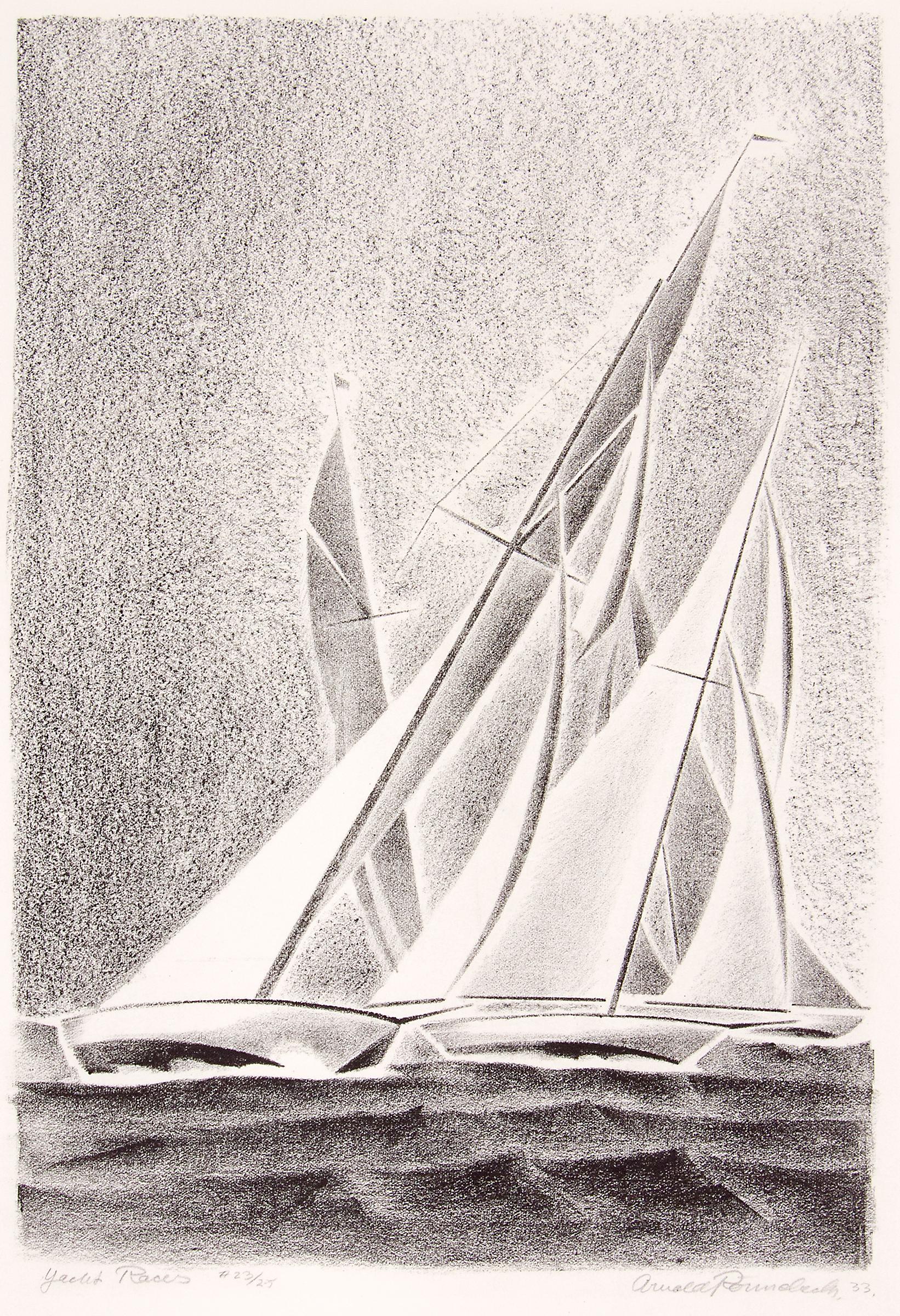Arnold Ronnebeck Figurative Print - Yacht Races, Grand Lake, Colorado, 1933, Sailboats, Black & White lithograph