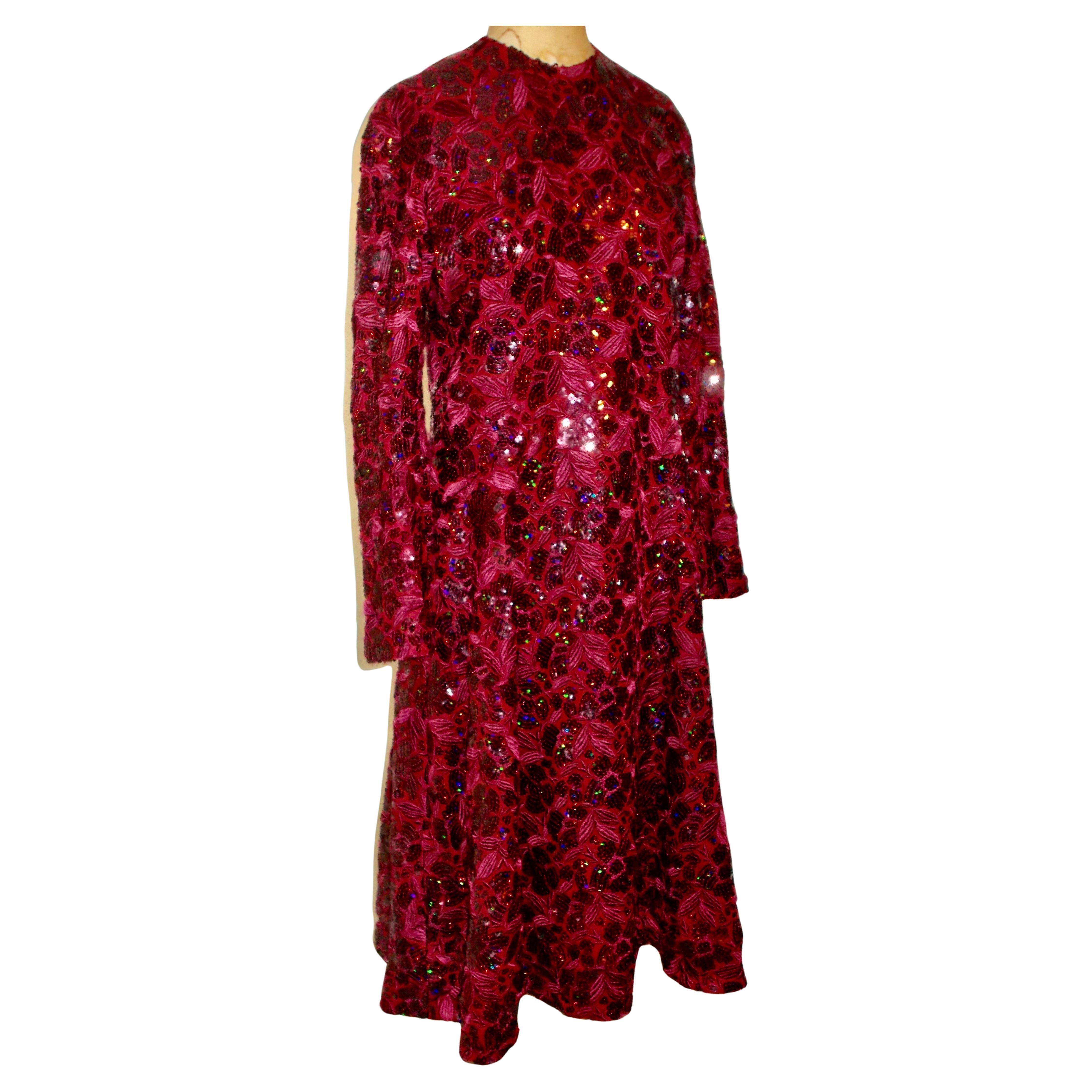 1960s Arnold Scaasi Red Silk Cocktail Dress with Embroidery & Sequins