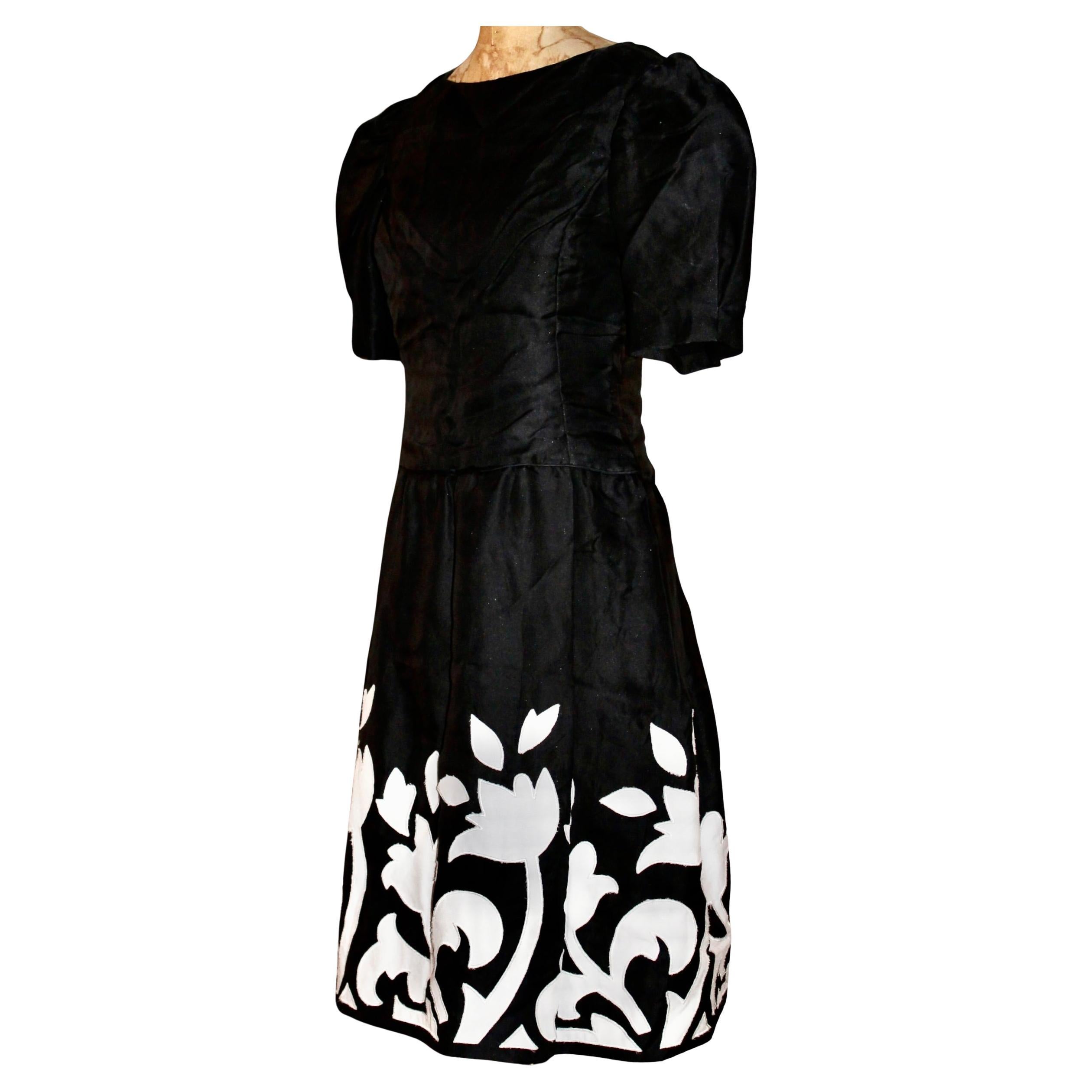 Arnold Scaasi Black with white Tulip Appliqués Cocktail Dress For Sale