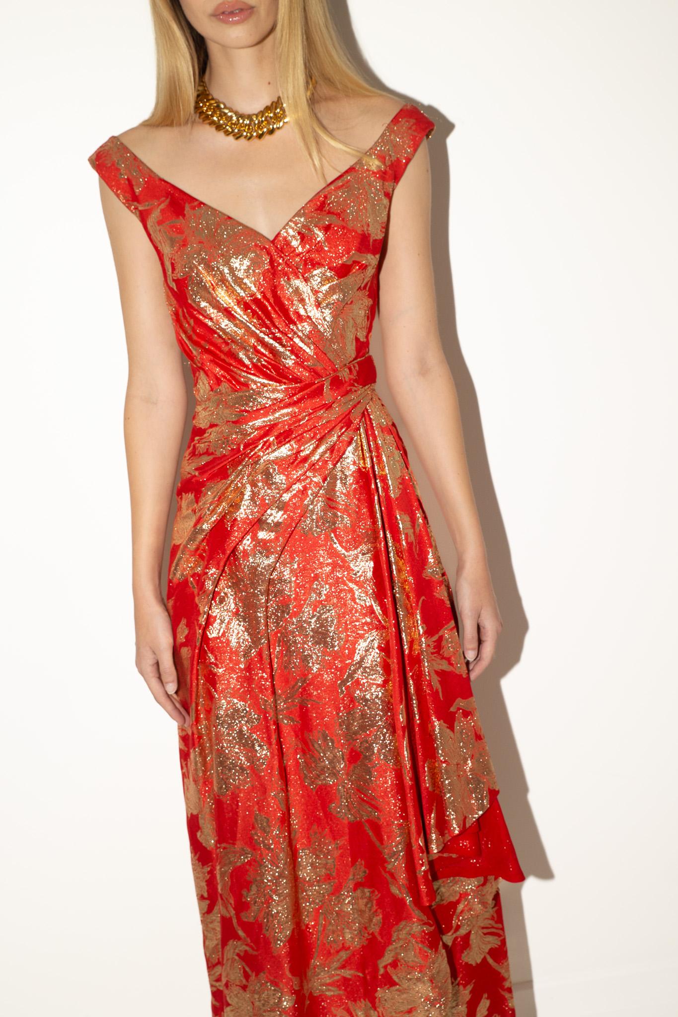 Orange Arnold Scaasi Couture 1960 - Robe drapée en brocart de soie métallisée en vente