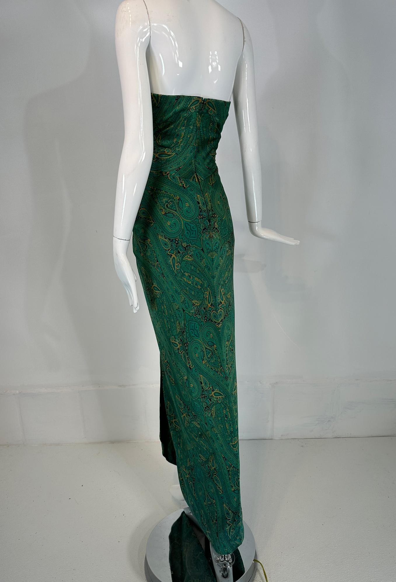 Arnold Scaasi Couture Silk Paisley Strapless Sarong Gown & Applique Jacket 1980s For Sale 6