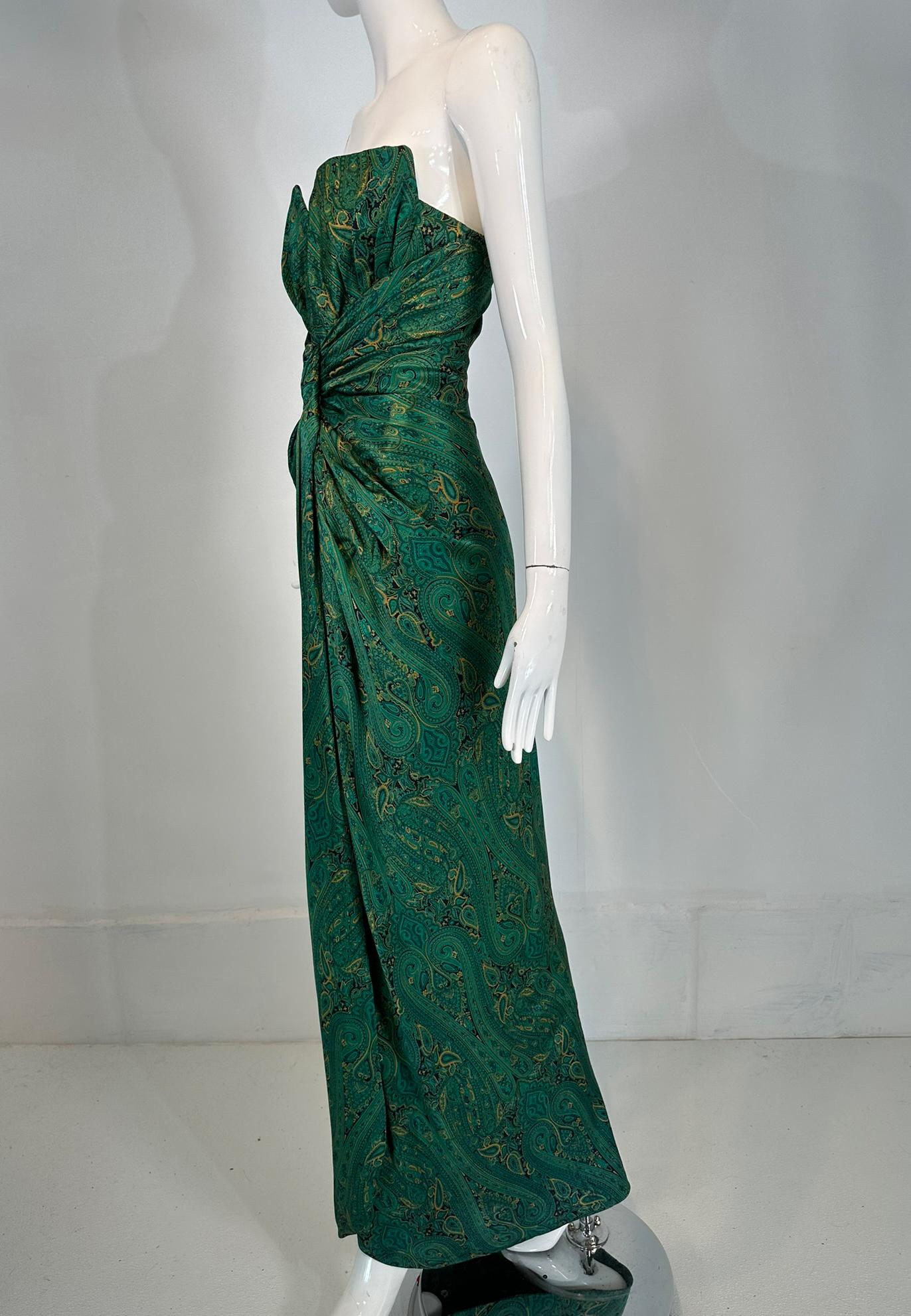 Arnold Scaasi Couture Silk Paisley Strapless Sarong Gown & Applique Jacket 1980s For Sale 8