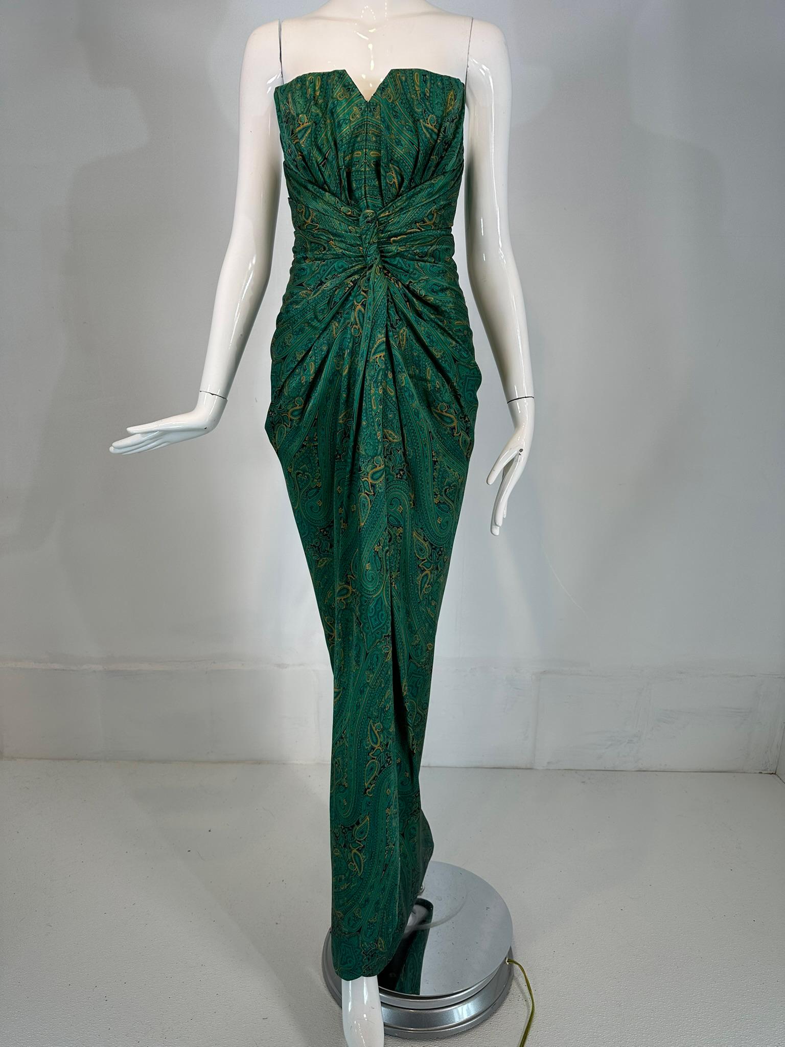 Arnold Scaasi Couture Silk Paisley Strapless Sarong Gown & Applique Jacket 1980s For Sale 9