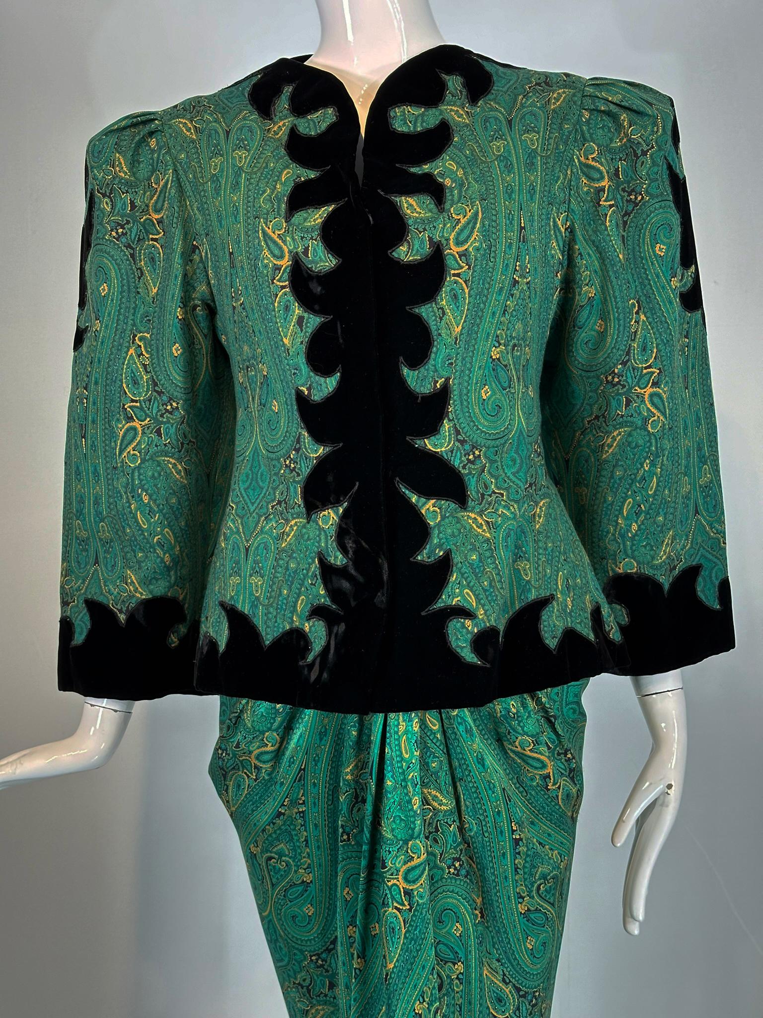 Arnold Scaasi Couture Silk Paisley Strapless Sarong Gown & Applique Jacket 1980s For Sale 10