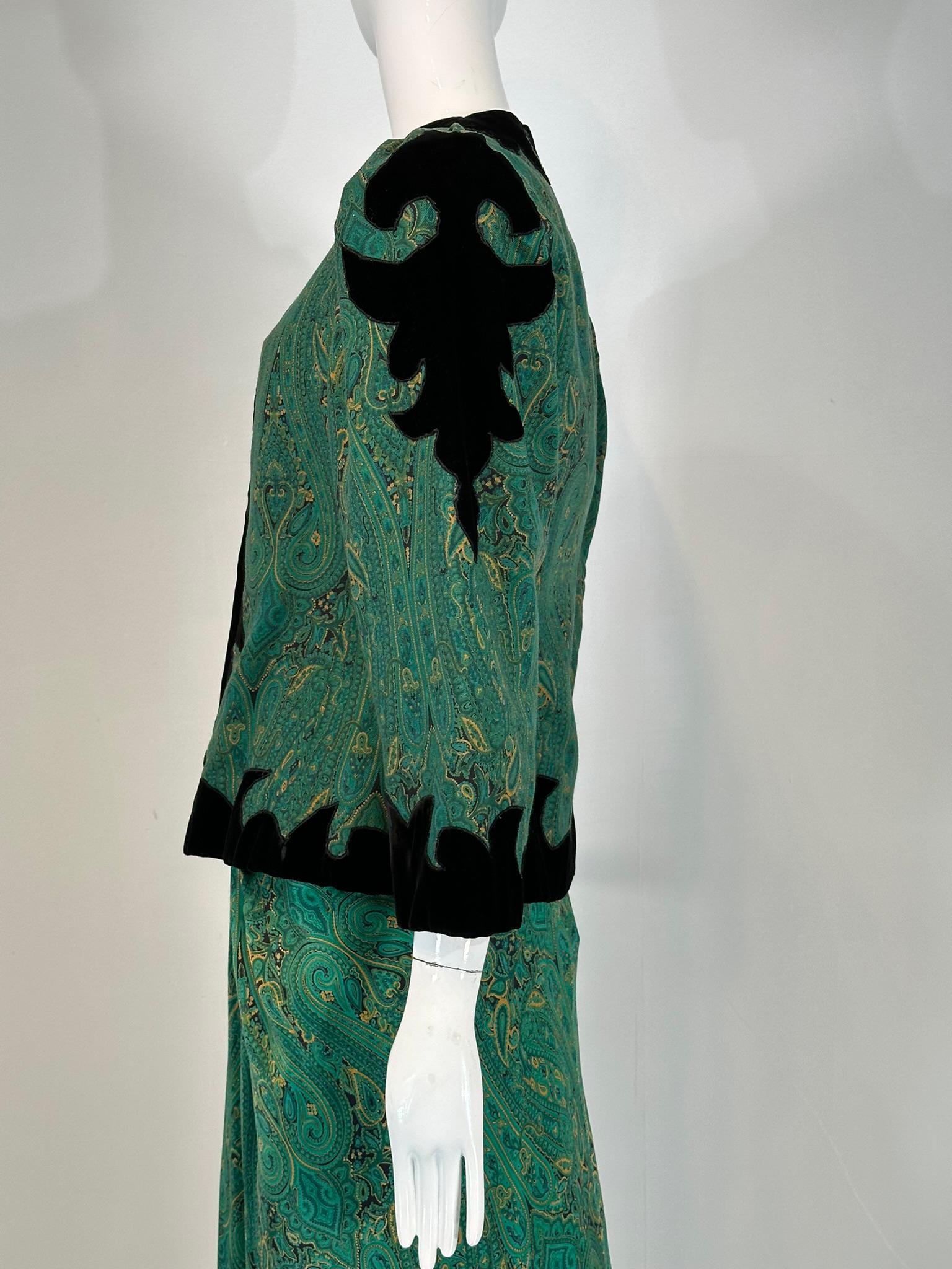 Arnold Scaasi Couture Silk Paisley Strapless Sarong Gown & Applique Jacket 1980s For Sale 11