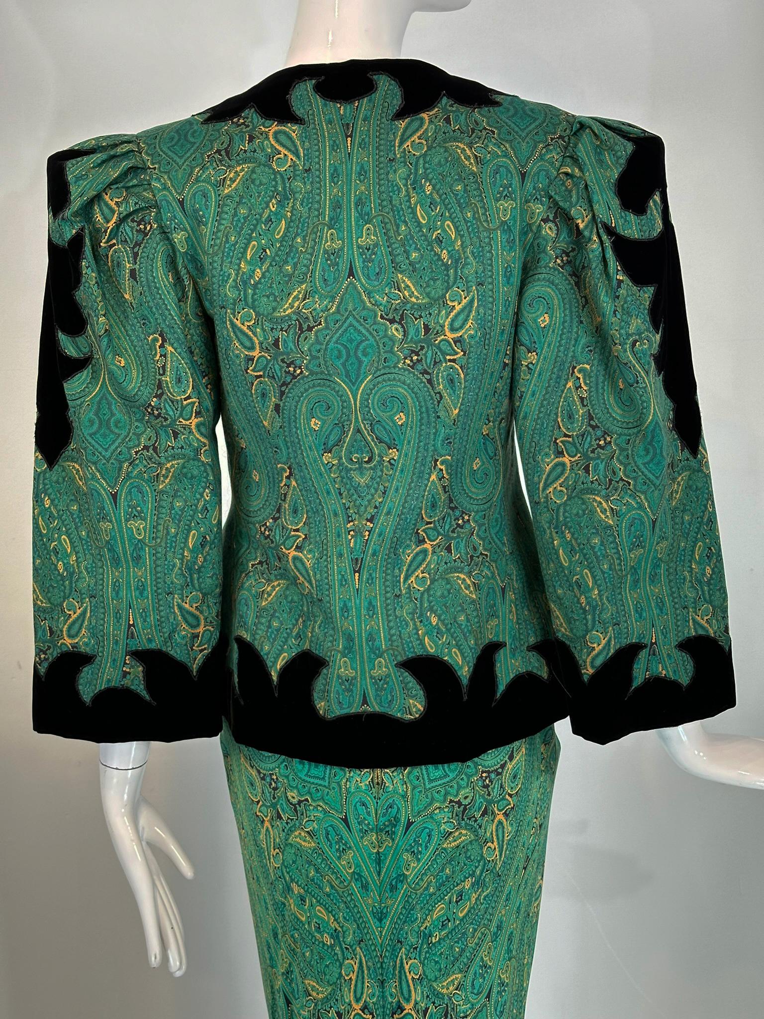 Arnold Scaasi Couture Silk Paisley Strapless Sarong Gown & Applique Jacket 1980s For Sale 12