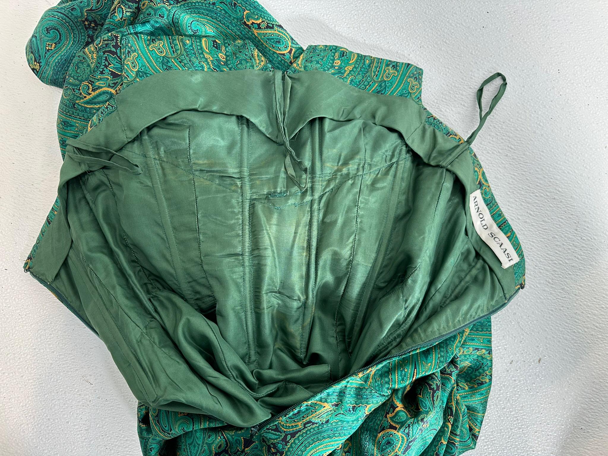 Arnold Scaasi Couture Silk Paisley Strapless Sarong Gown & Applique Jacket 1980s For Sale 15