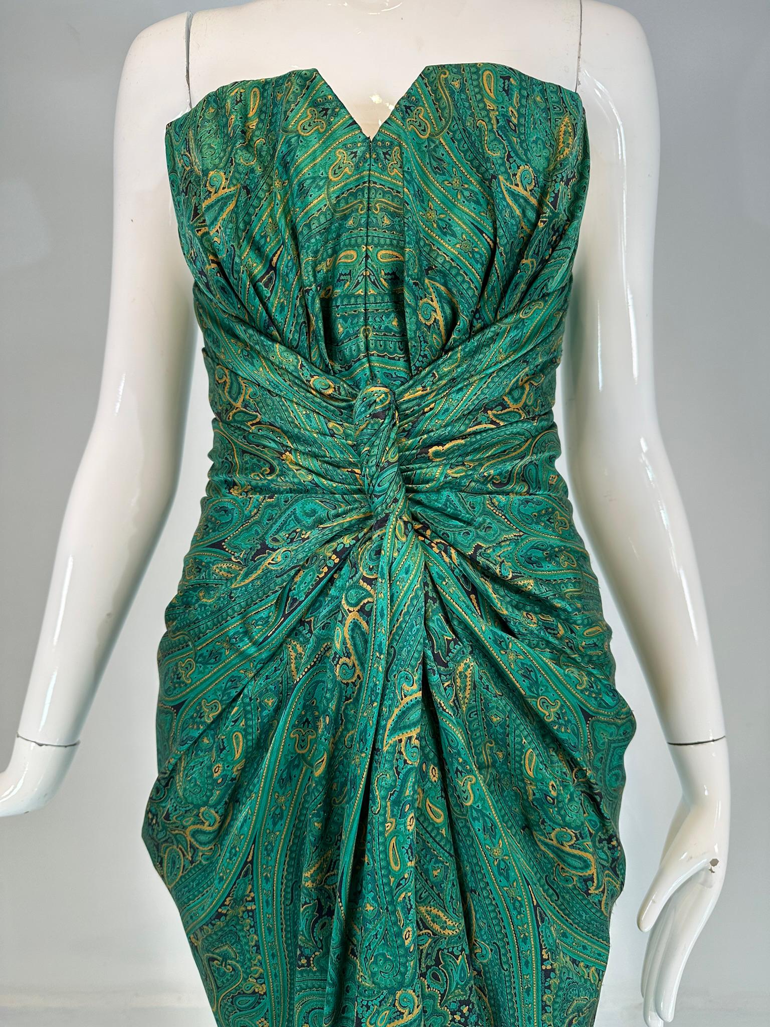 Black Arnold Scaasi Couture Silk Paisley Strapless Sarong Gown & Applique Jacket 1980s For Sale
