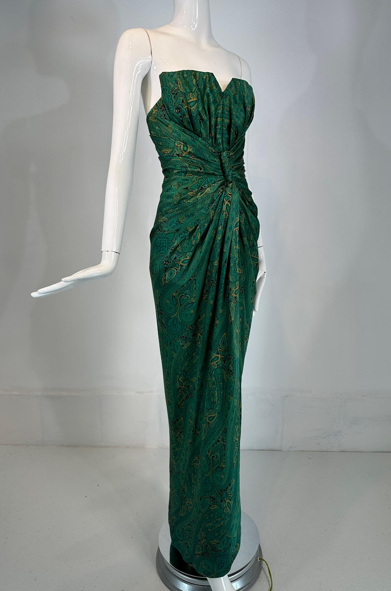 Arnold Scaasi Couture Silk Paisley Strapless Sarong Gown & Applique Jacket 1980s In Good Condition For Sale In West Palm Beach, FL