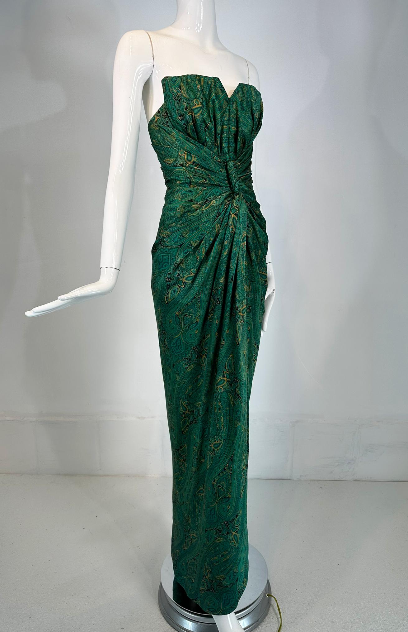 Women's Arnold Scaasi Couture Silk Paisley Strapless Sarong Gown & Applique Jacket 1980s For Sale