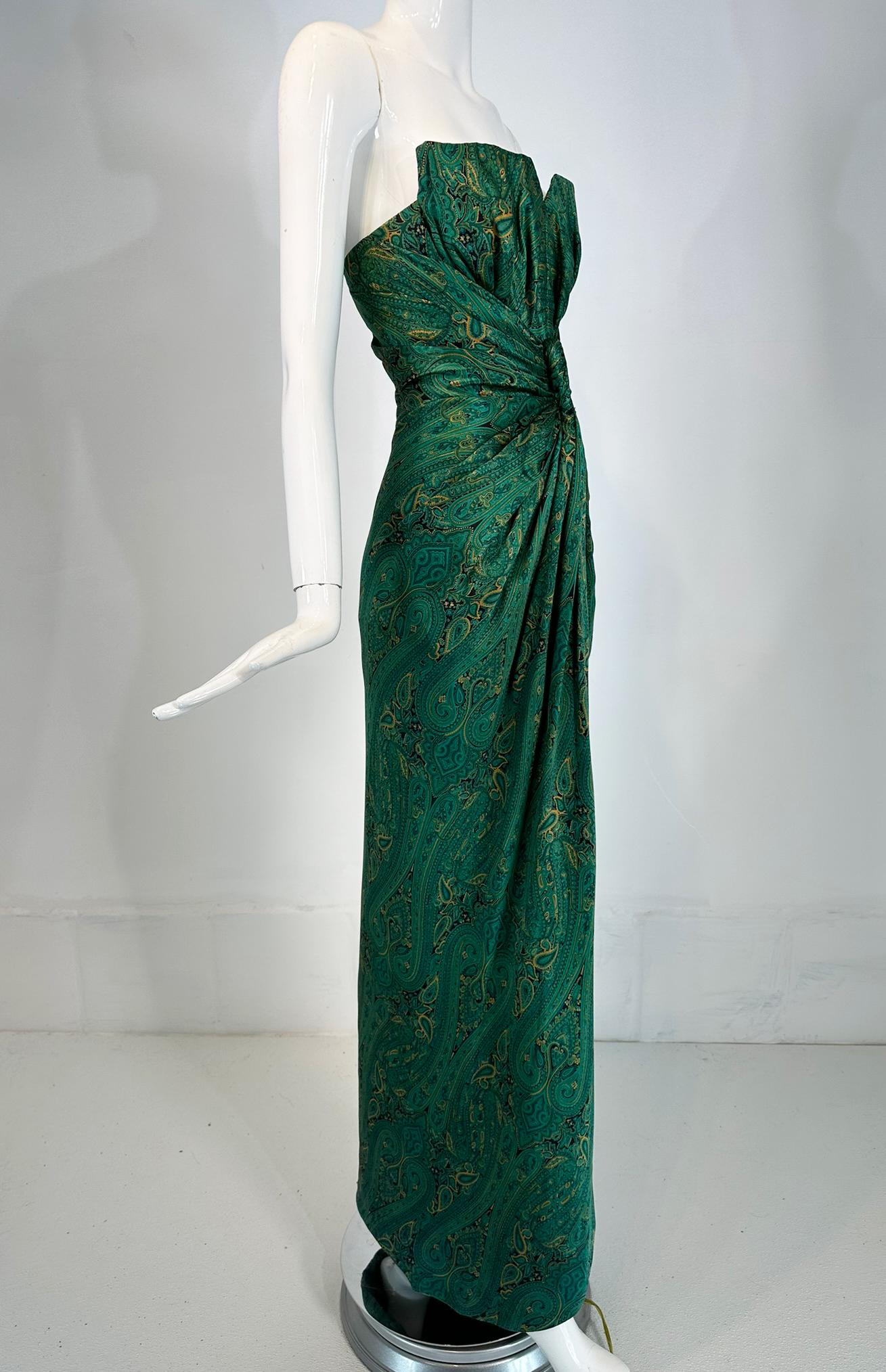Arnold Scaasi Couture Silk Paisley Strapless Sarong Gown & Applique Jacket 1980s For Sale 1