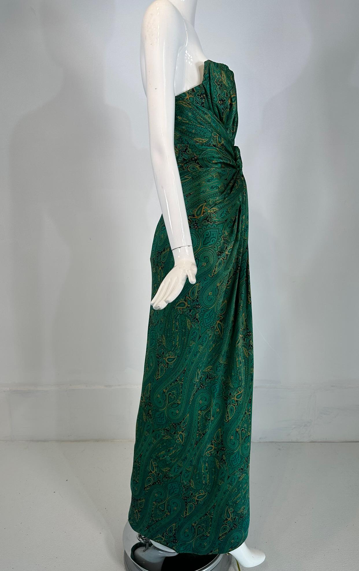 Arnold Scaasi Couture Silk Paisley Strapless Sarong Gown & Applique Jacket 1980s For Sale 2