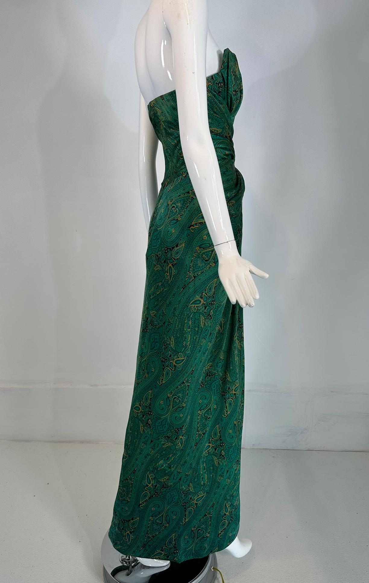 Arnold Scaasi Couture Silk Paisley Strapless Sarong Gown & Applique Jacket 1980s For Sale 3