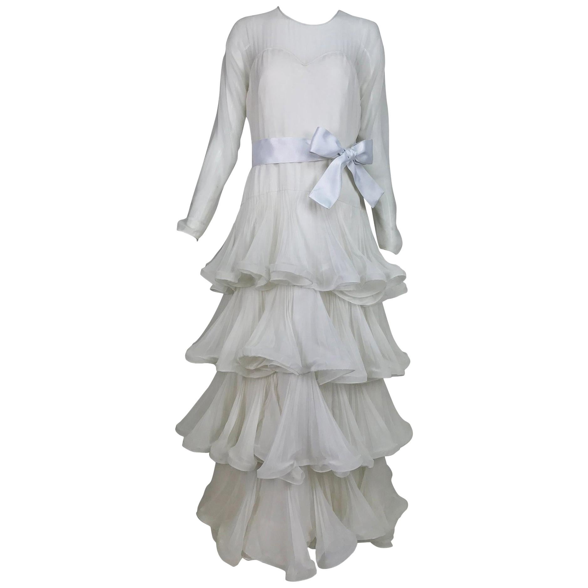 Arnold Scaasi Couture White Silk Chiffon Tiered Wedding Dress 1980s