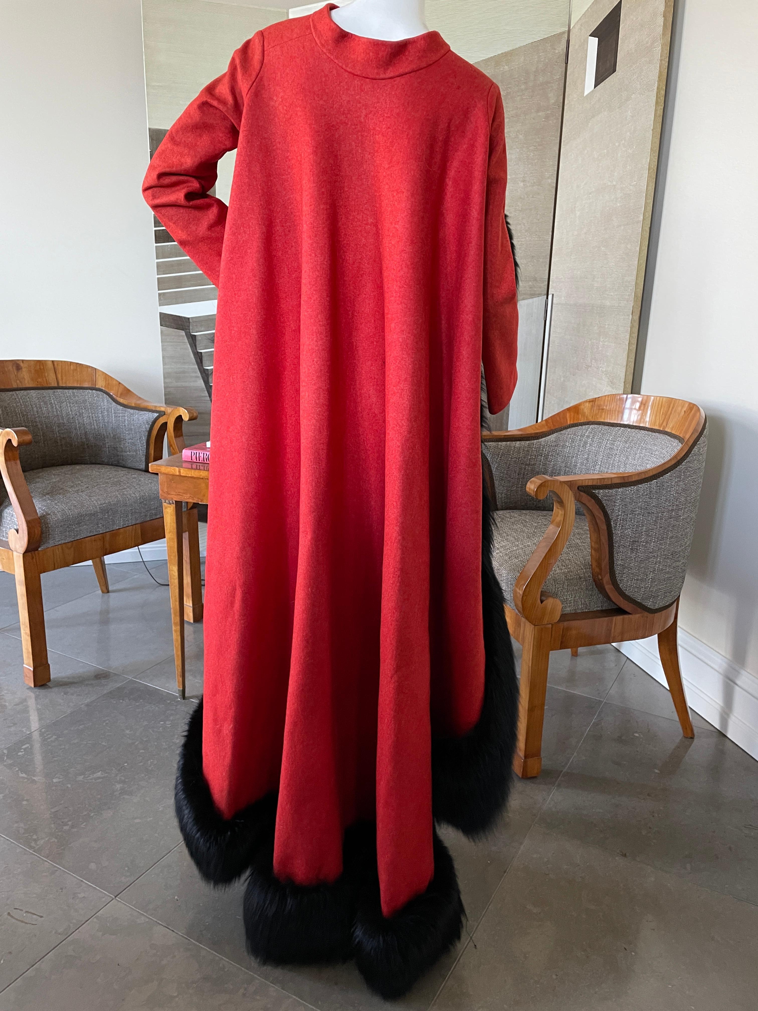 Arnold Scaasi Dramatic Red Opera Cape Trimmed in Black Fox In Fair Condition For Sale In Cloverdale, CA